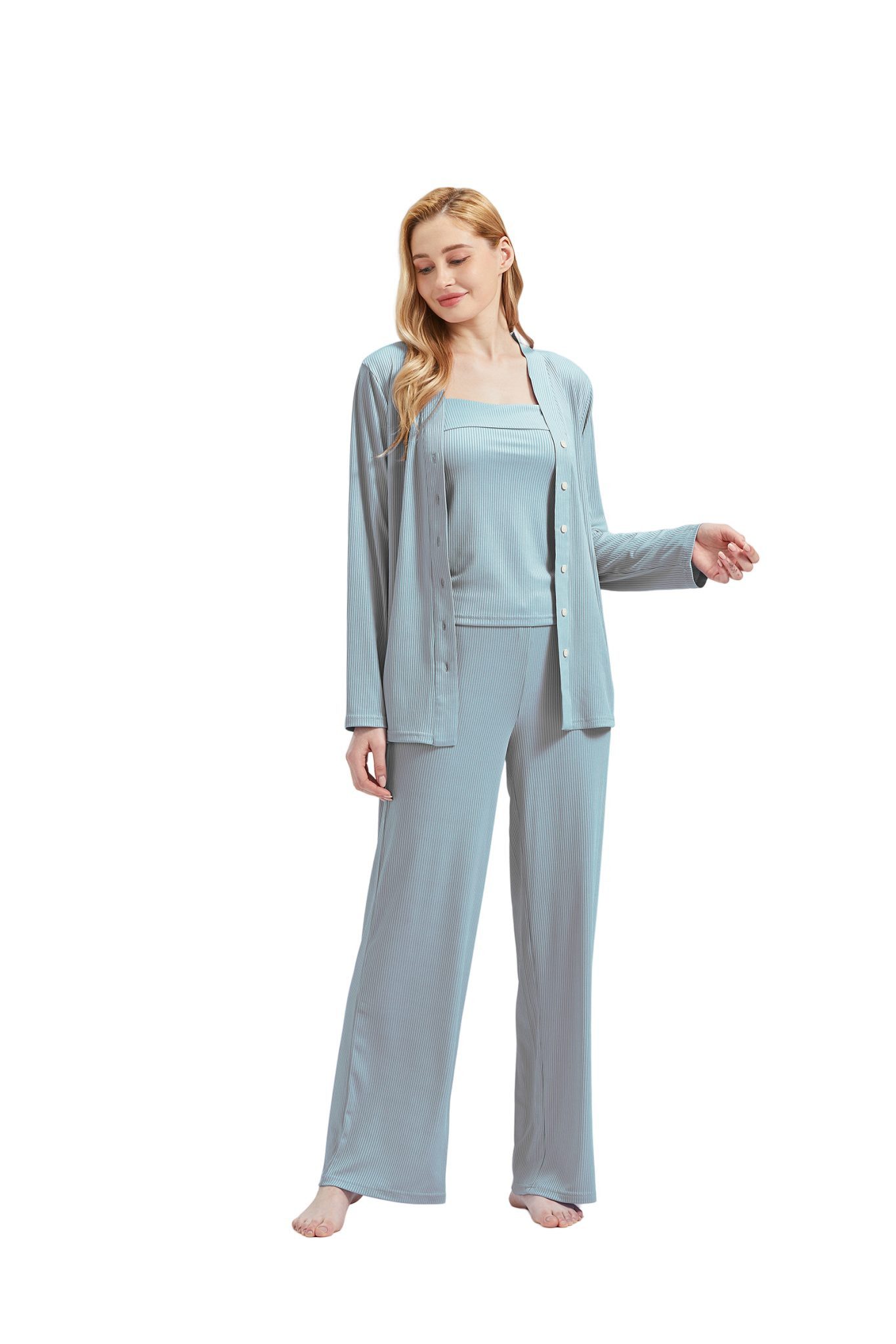 M-Diamant Schlafanzug Damen Pyjama-Set Damenwäsche V-Ausschnitt 3 teilig (Set, 3 tlg) 3-teiliges Set: Jacke mit V-Ausschnitt und Knöpfen, Trägertop und Hose
