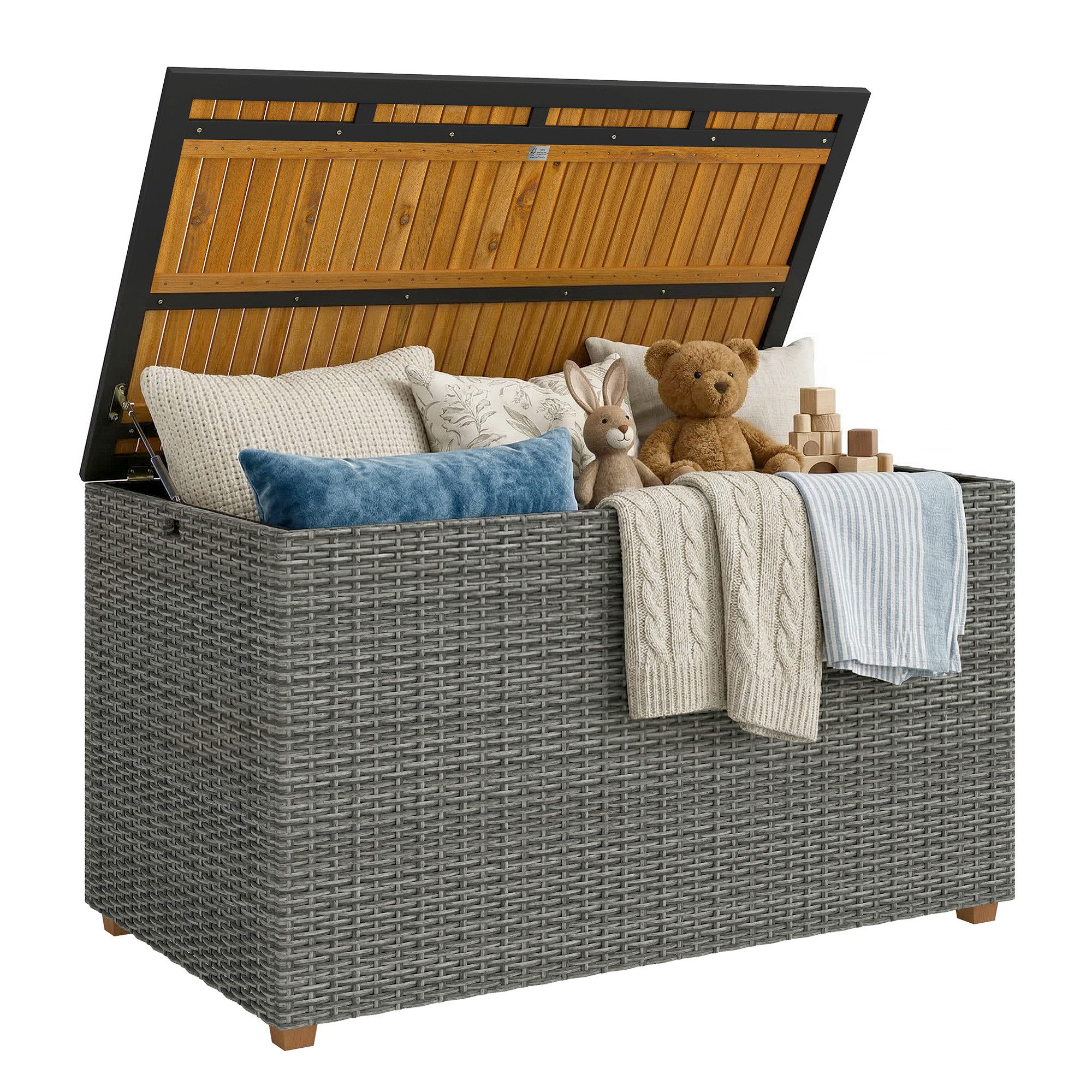 Outsunny Gartenbox mit FSC-Holz-Deckel, Gasdruckfedern, Innenfutter (Auflagenbox, 1 St., Aufbewahrungsbox), für Garten Balkon Pool Dunkelgrau