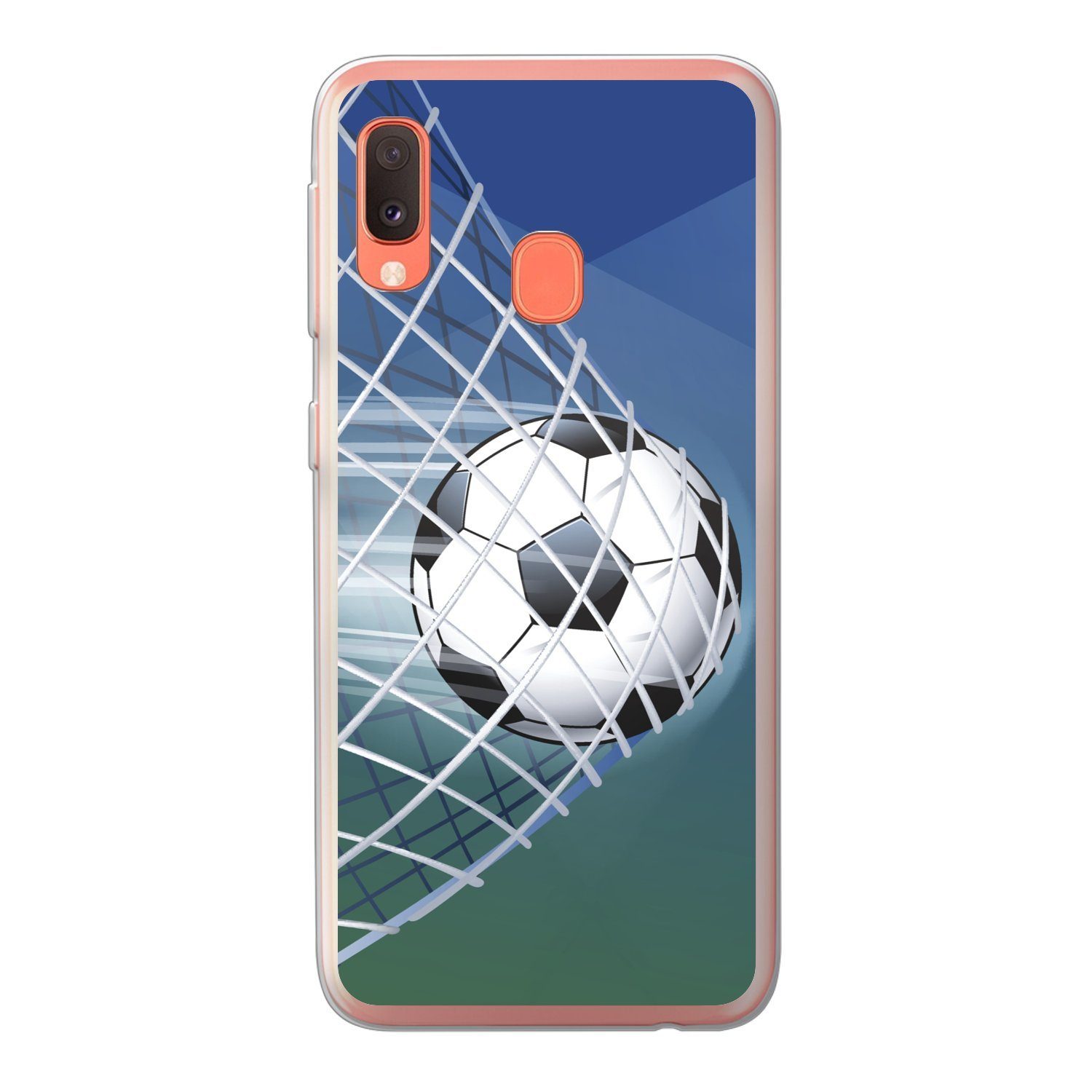 MuchoWow Handyhülle für Samsung Galaxy A20e Eine Illustration eines Fußballs im Netz - Jun, Smartphone-Bumper, Print, Handy Schutzhülle Dünn