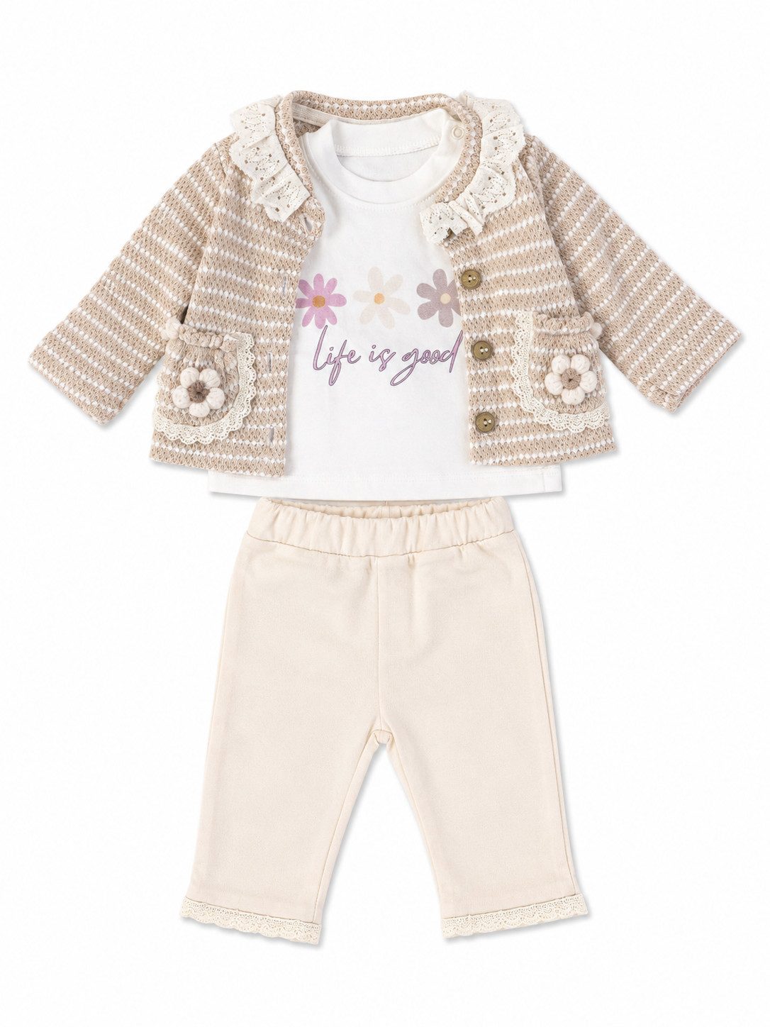 Lorey Medtec Neugeborenen-Geschenkset Mädchen Outfit, 3er Set, Jacke, Langarmshirt, Hose, 100% Baumwolle (Strickjacke + Langarmshirt + Hose)