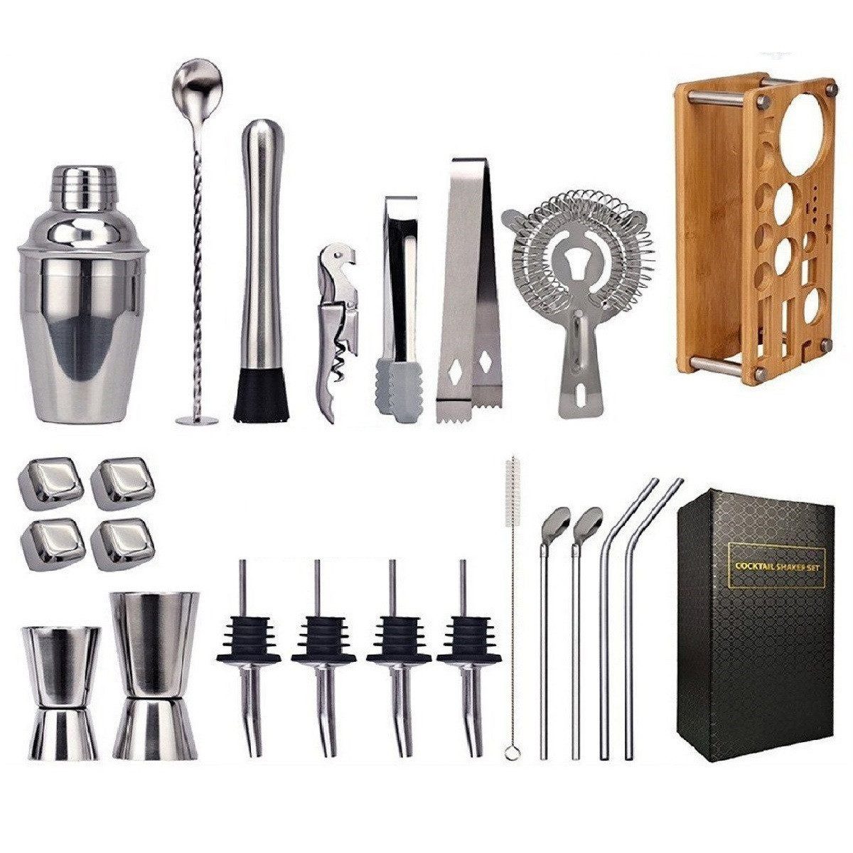 Cocktail Shaker 750ml 23-teiliges Barkeeper-Set Bambus-Ständer Cocktail-Shaker