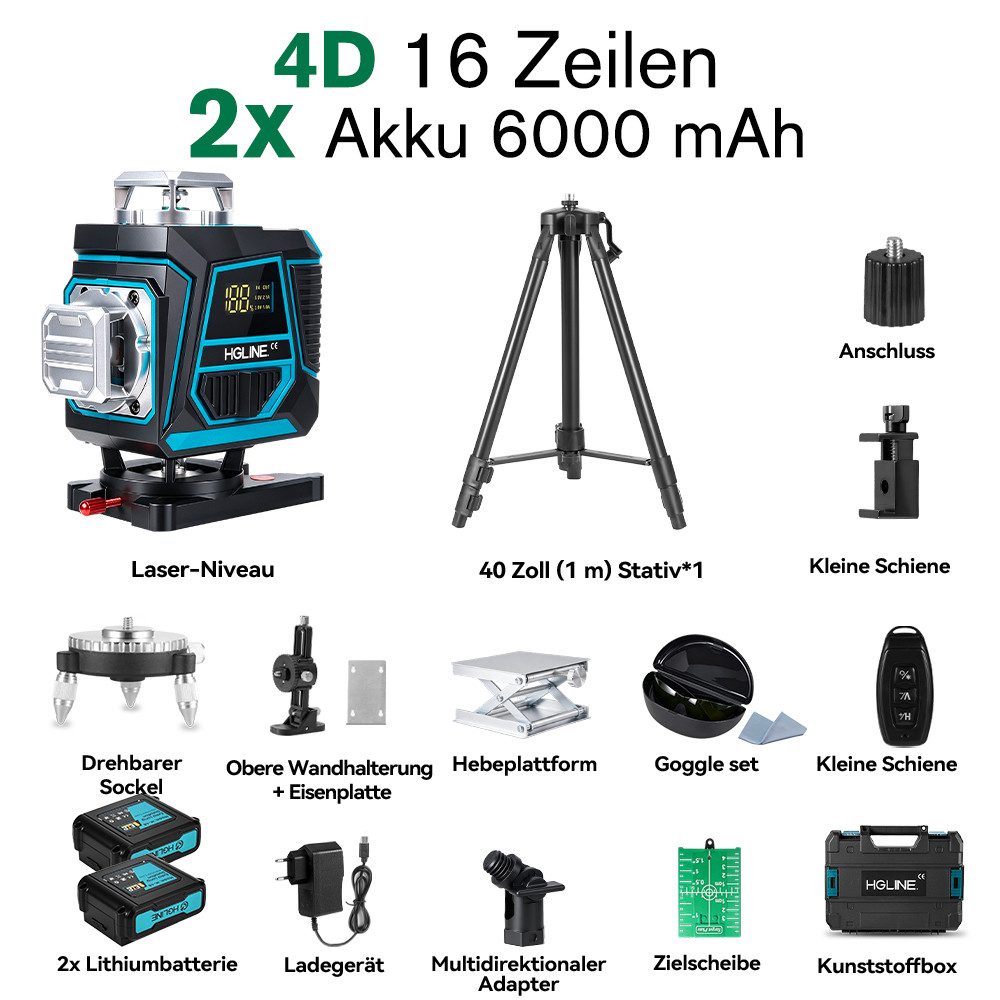 HGLINE Kreuzlinienlaser 4D 16 Linien Laser Wasserwaage – selbstnivellierender Kreuzlinienlaser, mit Stativ, 2x 6 Ah Akkus, Bluetooth-App, Fernbedienung, IP54