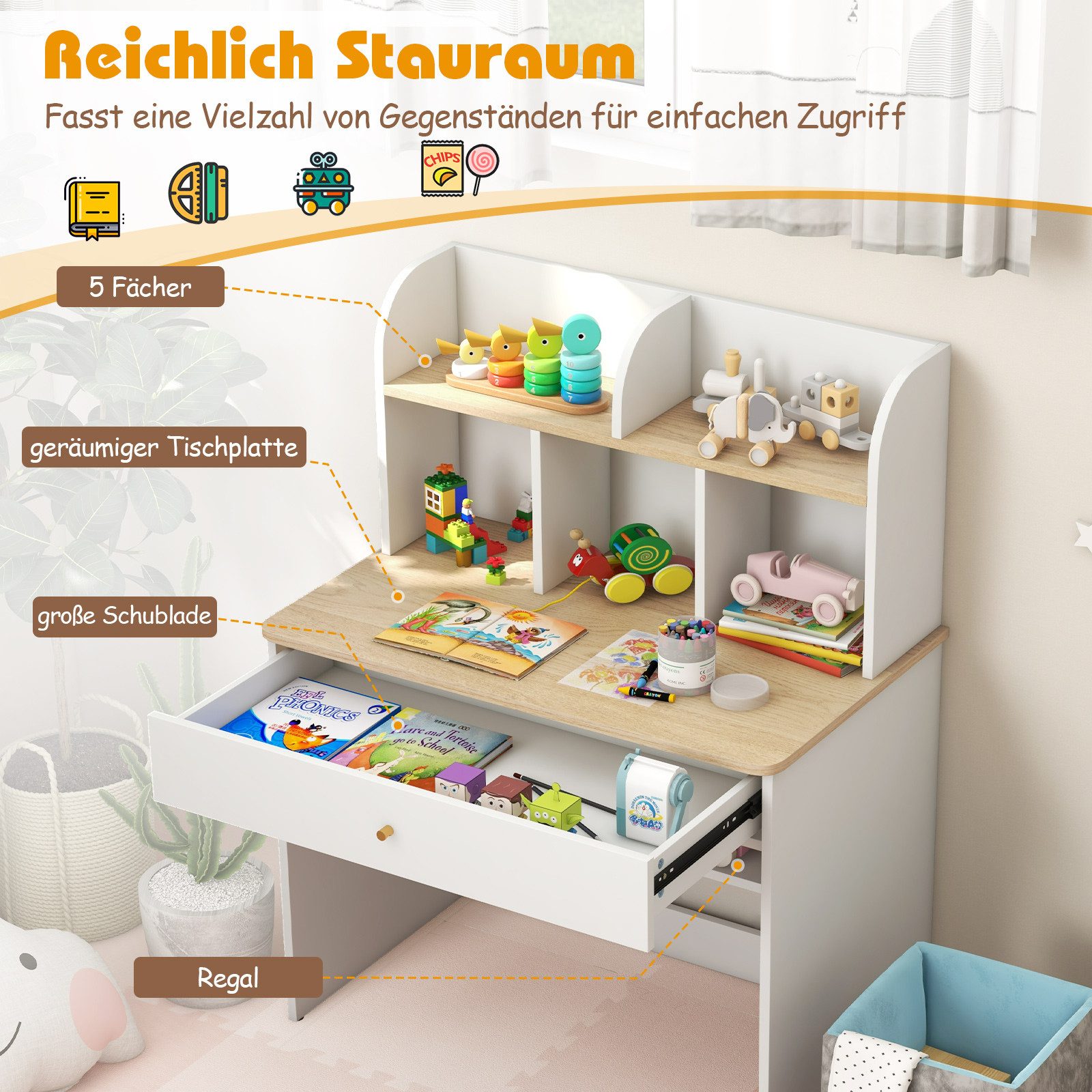 COSTWAY Kindertisch, Kinderschreibtisch, Holz, mit Ablagefach, günstig online kaufen