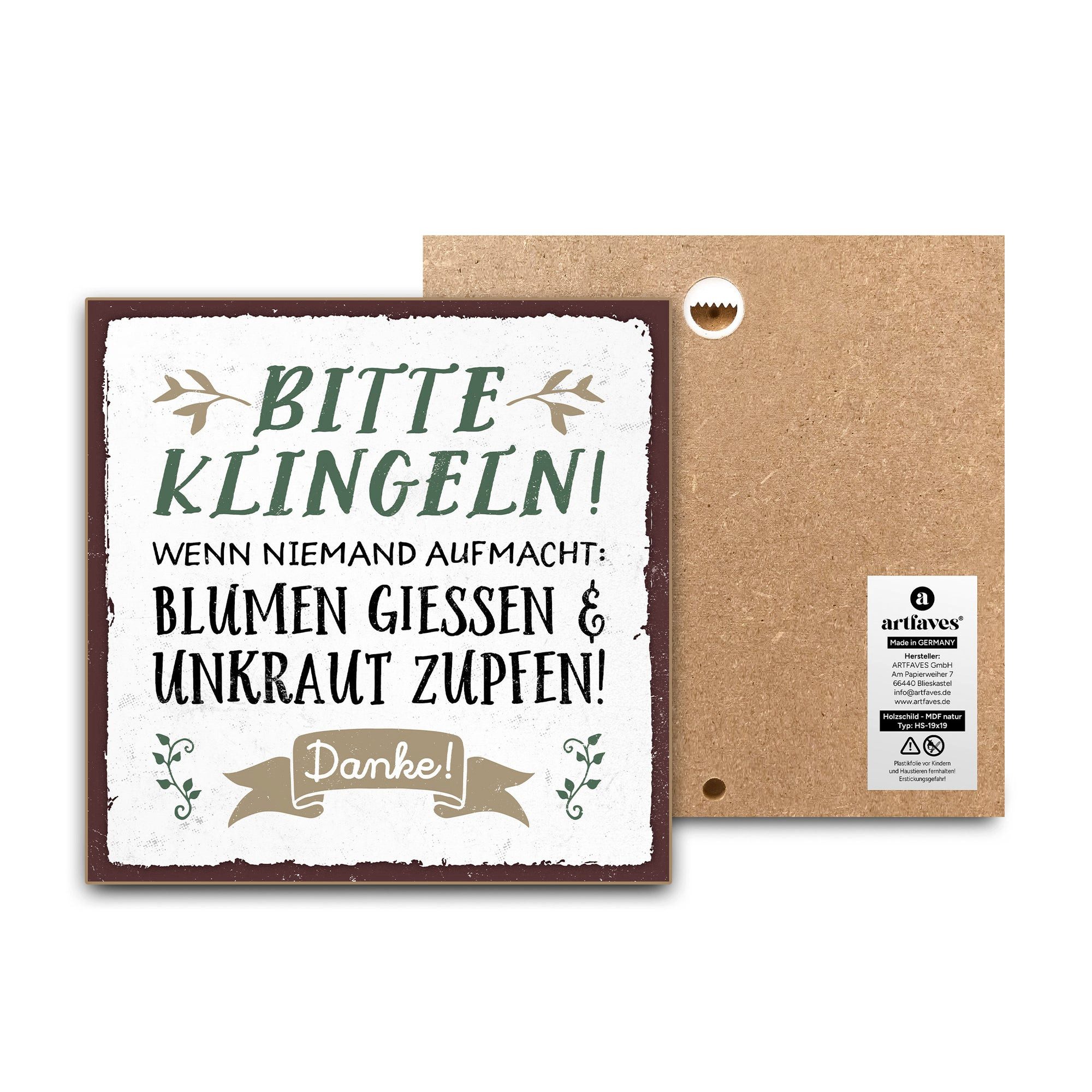ARTFAVES Holzbild Schild mit Spruch - Bitte klingeln - witzige Sprüche, Zuhause