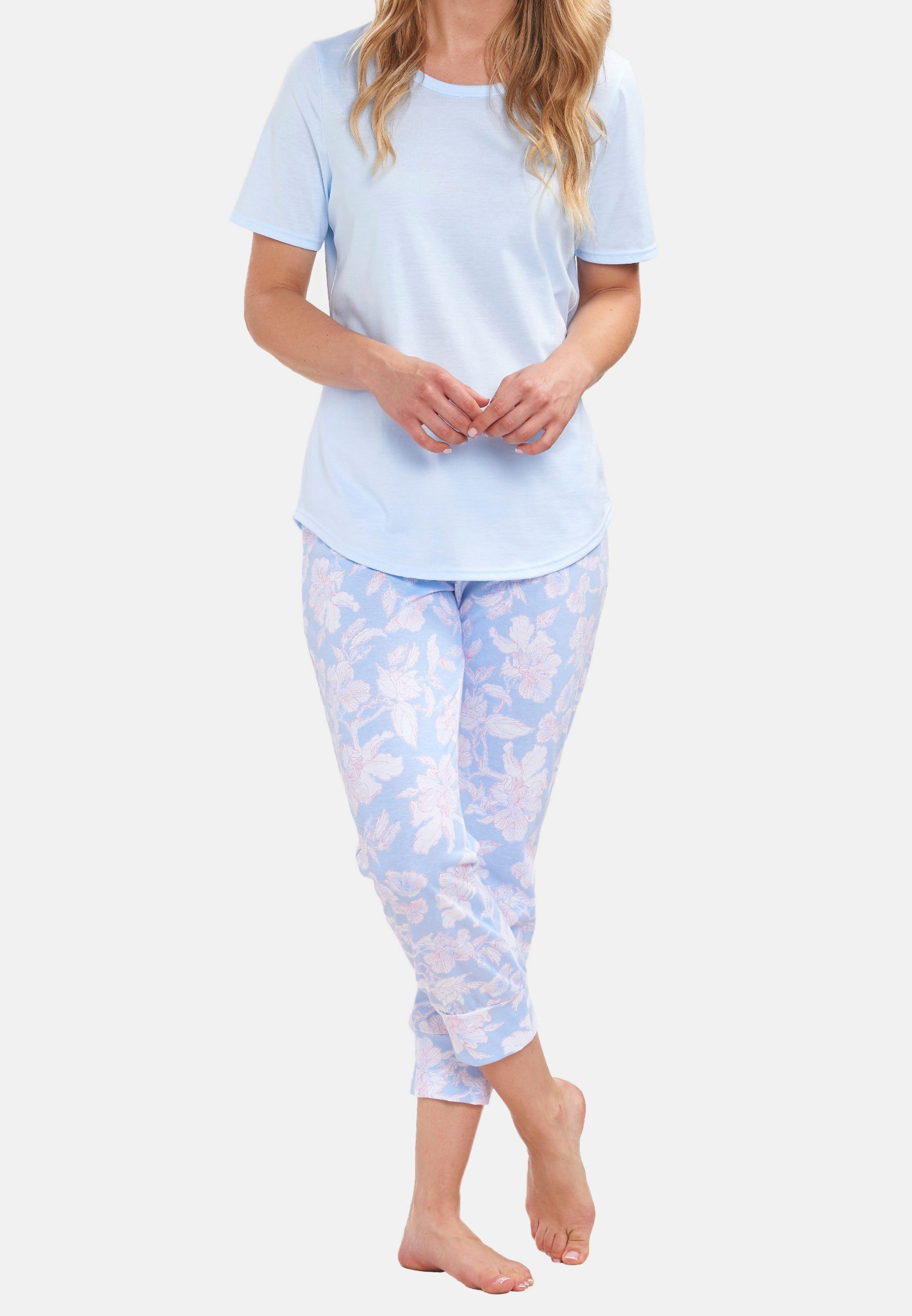 Rösch Pyjamaoberteil Basic (1-tlg) - Arctic Blue Schlafanzug verarbeitet - kurzarm Shirt Baumwolle Hochwertig