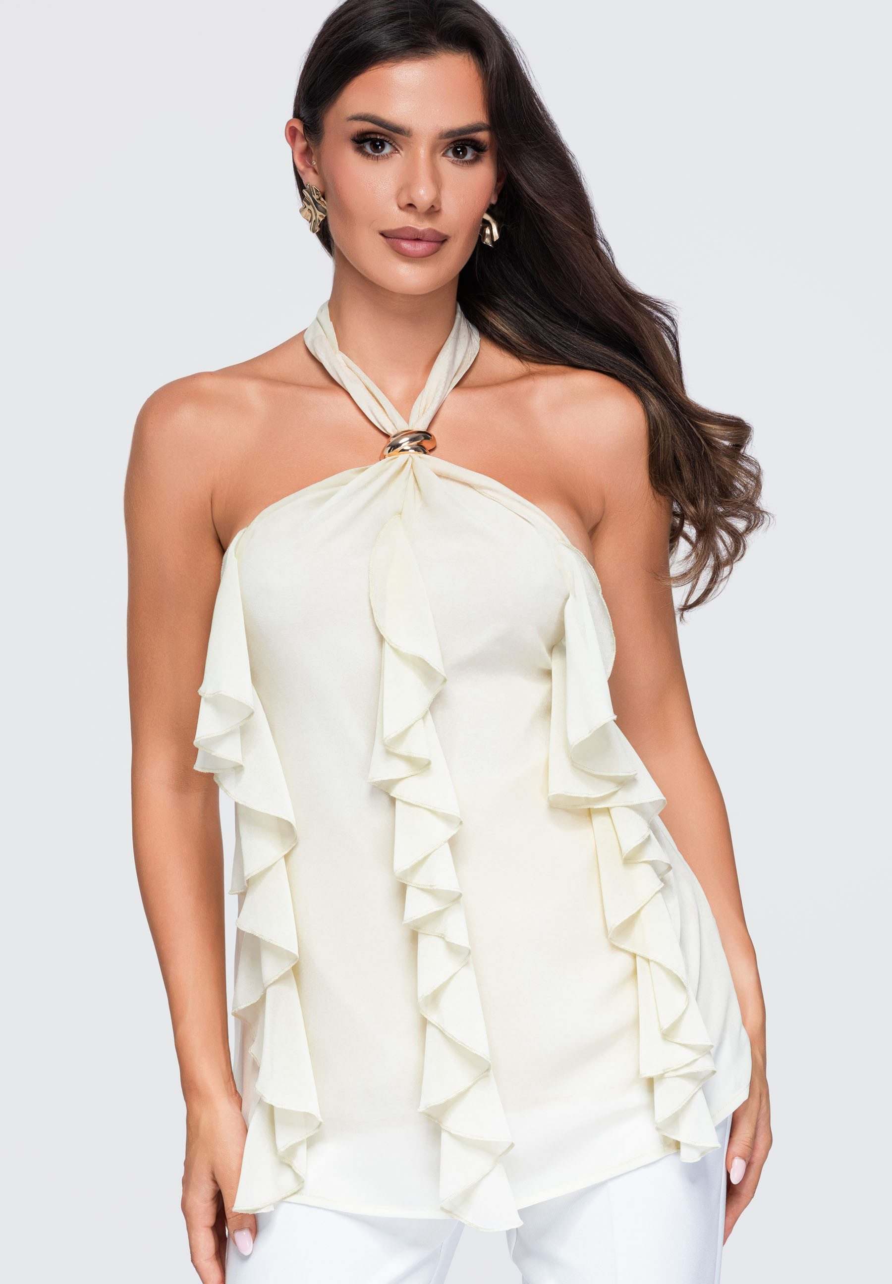 OMBRE Blusentop Damen Blusentop mit romantischem Design Beige S/M (kein Set, 1-tlg) fließender Stoff