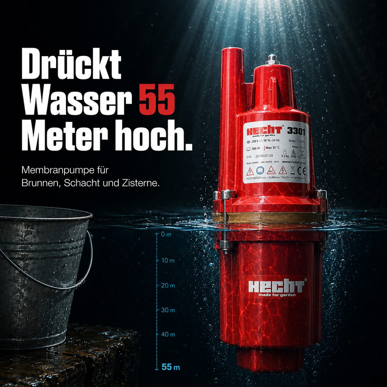 Hecht Tiefbrunnenpumpe Membranpumpe 3301, 1.320 l/h, 300 W, 55 m Förderhöhe, Passt in DIN 100