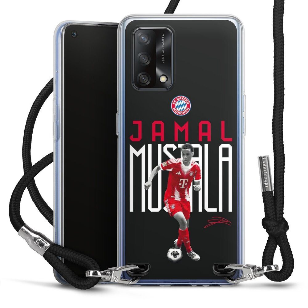 DeinDesign Handyhülle FC Bayern München Jamal Musiala Offizielles Lizenzprodukt, Oppo A74 Handykette Hülle mit Band Case zum Umhängen Cover mit Kette