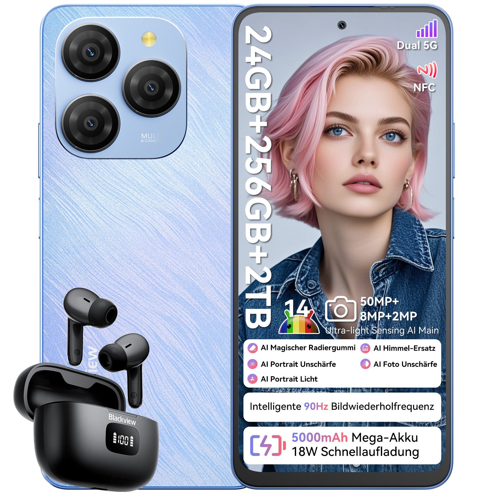 blackview Shark9 5G AI incl. Airbuds 8 Handy (6.7 Zoll, 50 MP Kamera, Dual 5G, Android 14, NFC, AI-Dialog)