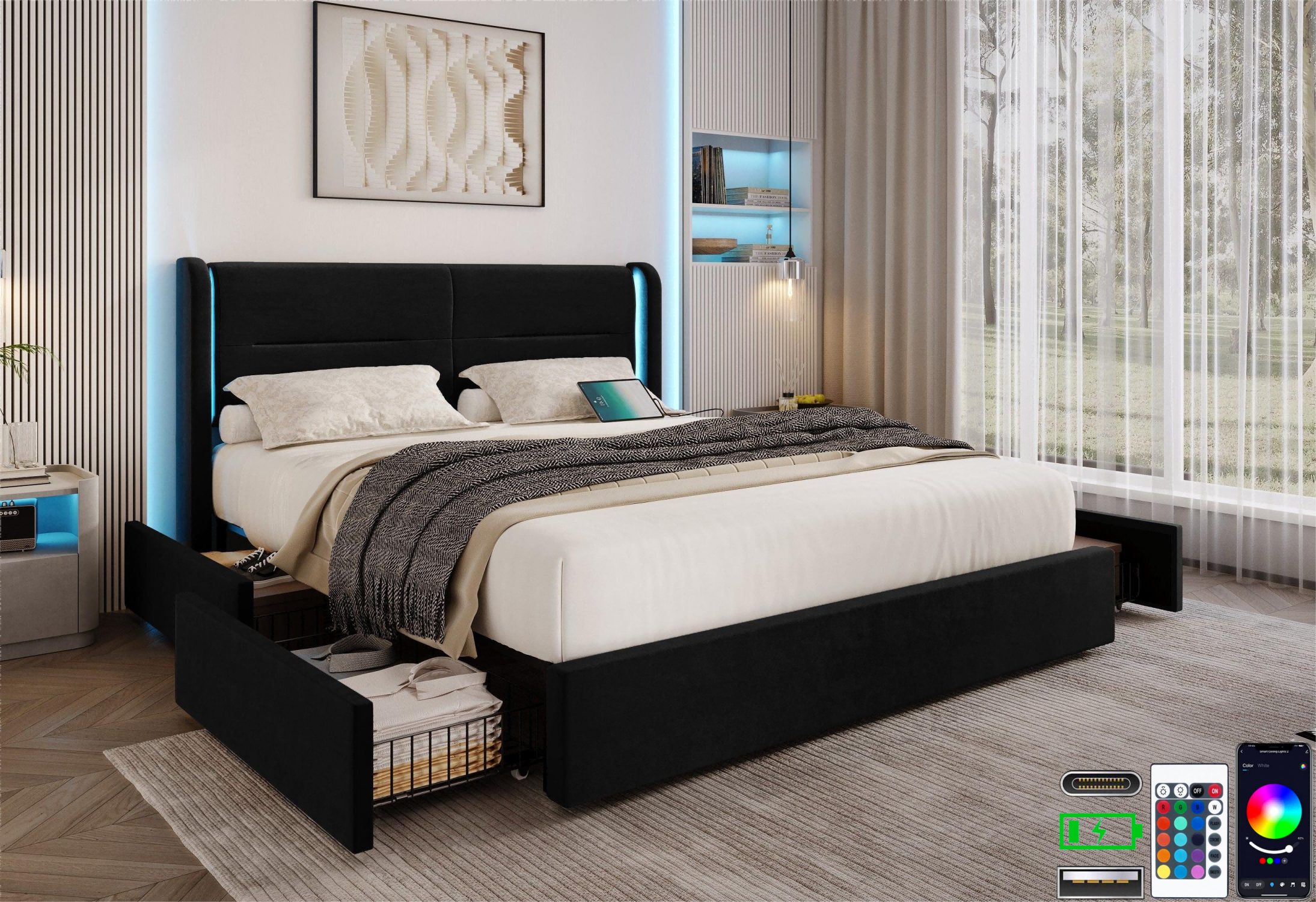 LVHOM Stauraumbett 140x200/160x200cm, LED-Samt-Bett mit 4 günstig online kaufen