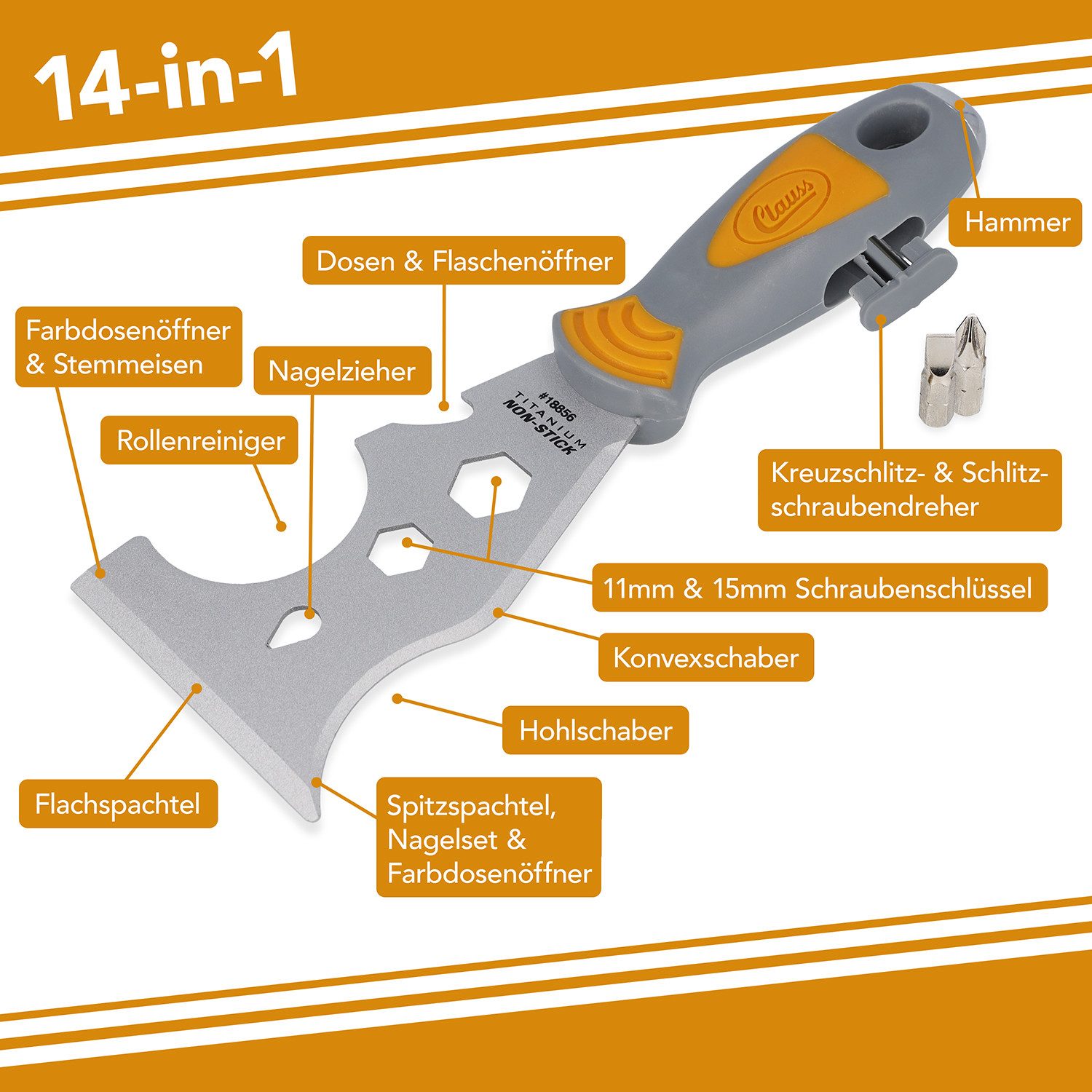 CLAUSS Multifunktionsspachtel Profi Spachtel 14-in-1 Malerwerkzeug Antihaft Titanium mit Softgrip Titanium Antihaftbeschichtung