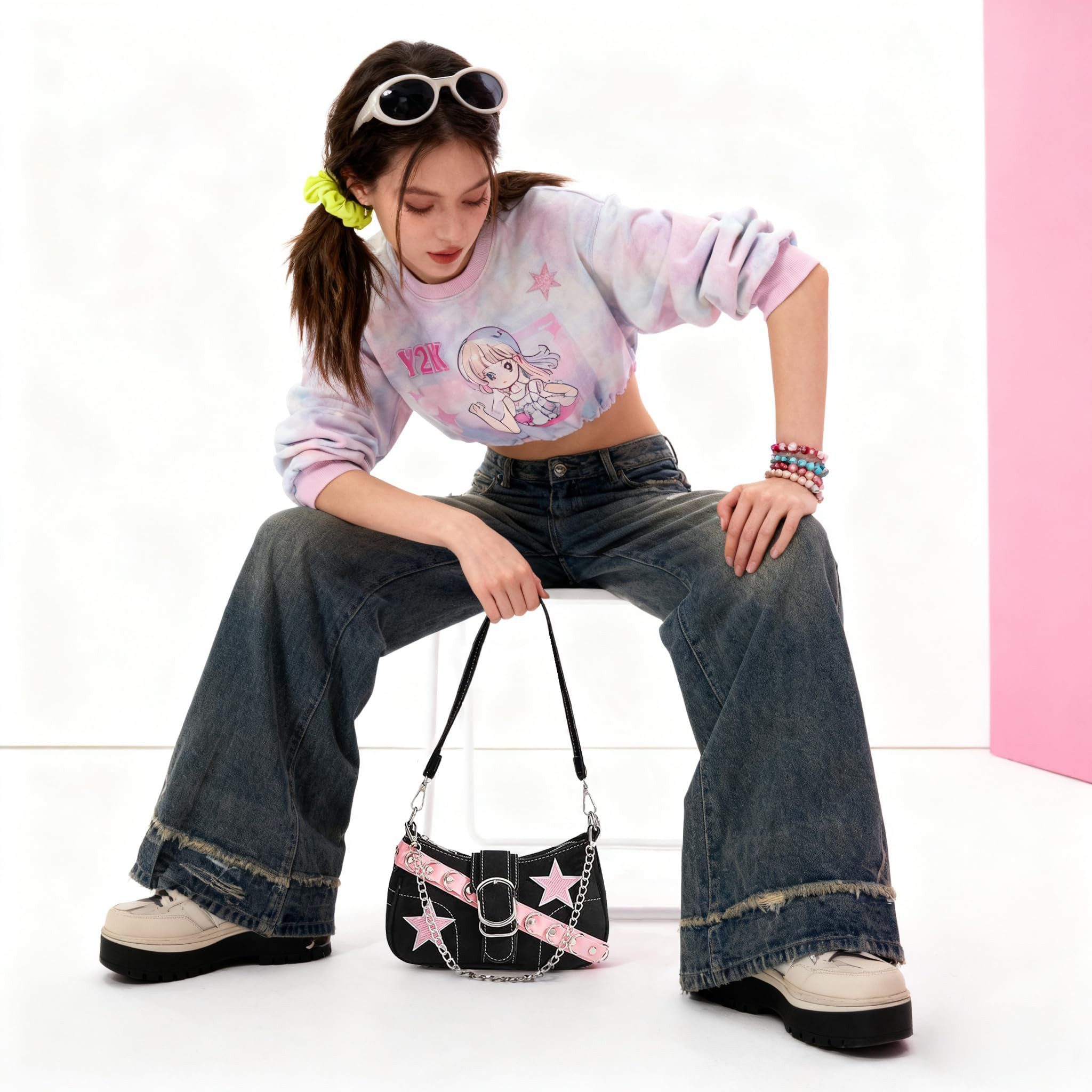 Zaewry Schultertasche Umhängetasche Damen klein Handtasche, Y2K Crossbody Bag Damen, mit Sternenstickerei und Kettenriemen, Vintage für Frauen Dating