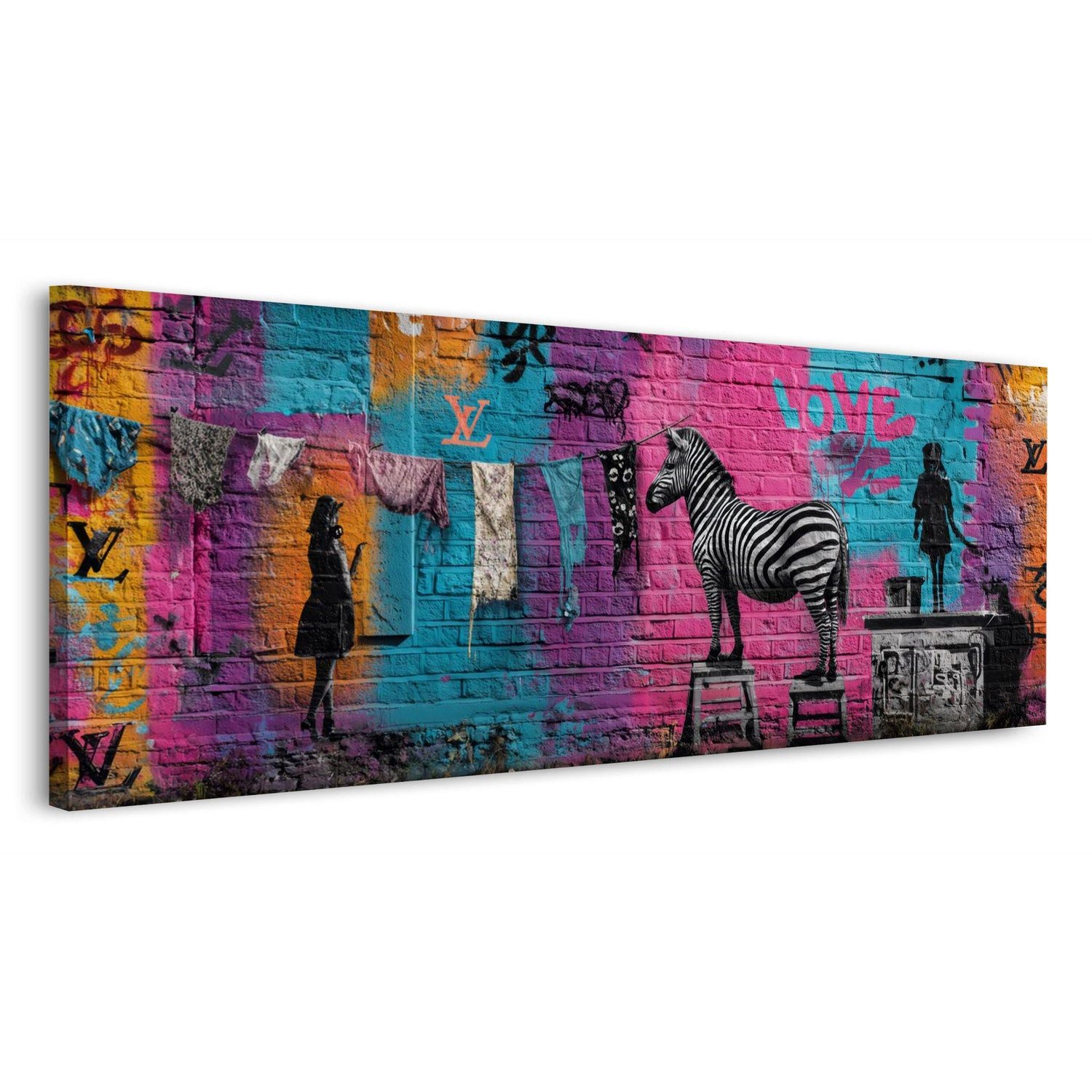 Artedinoi Leinwandbild Graffiti Wäscheleine Zebra Love Leinwandbild Wandbild Kunstdruck XL De, Zebra an Wäscheleine, Love