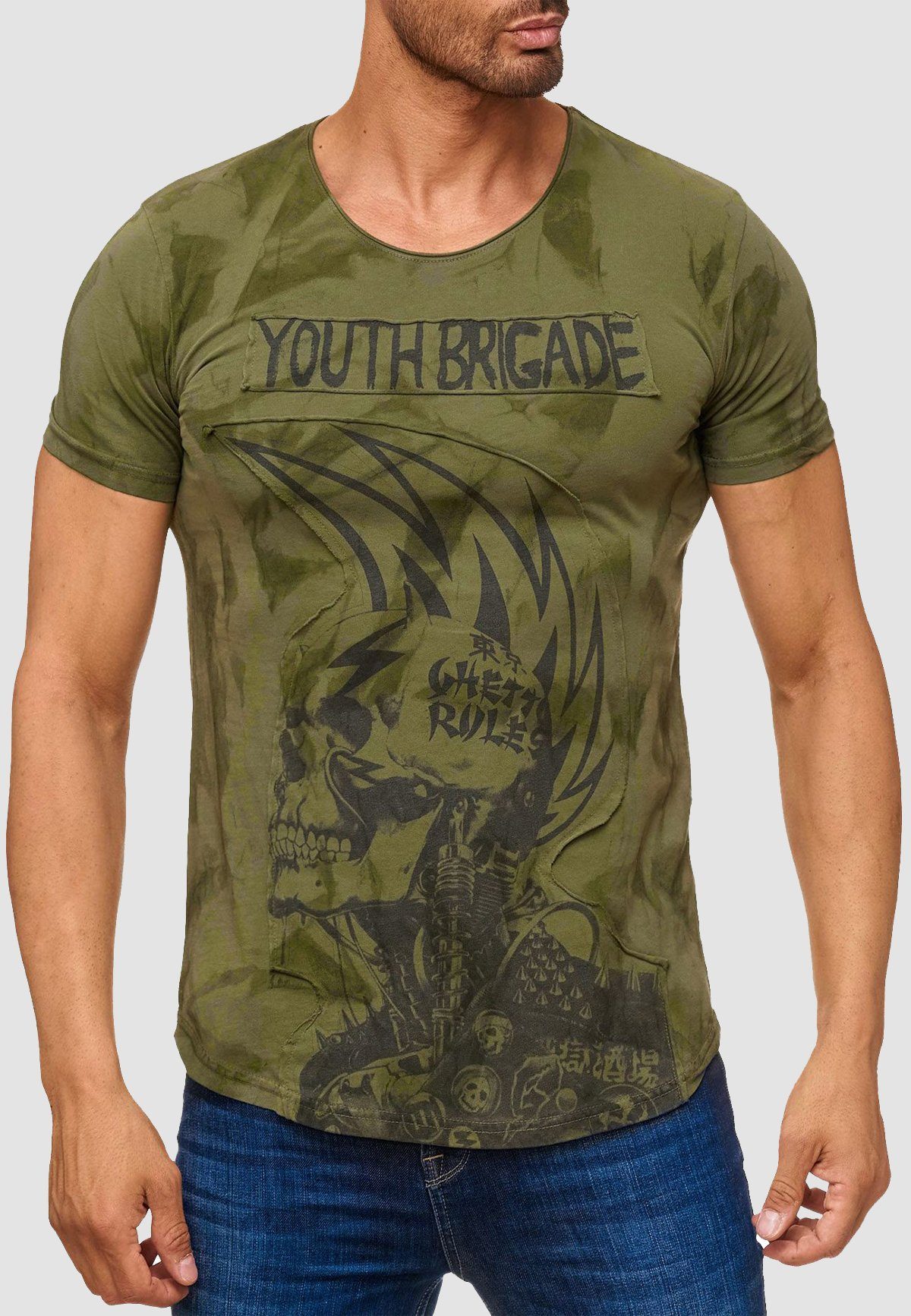 Egomaxx T-Shirt Allover Punk Shirt Print in T Olive Skull 2162 Batik H2162 (1-tlg) Dirty
