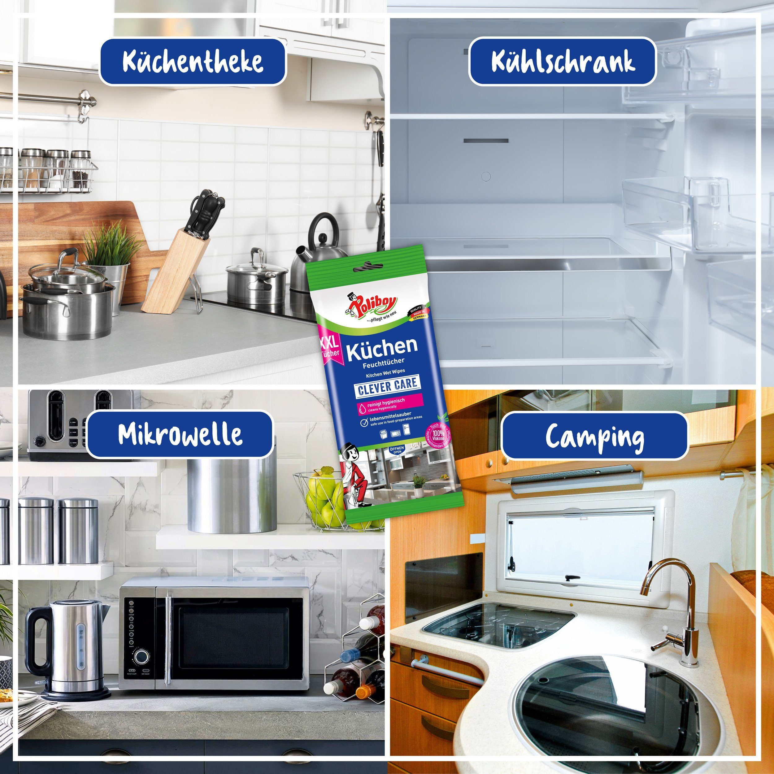 poliboy Küchen Feuchttücher – 48 Maxi-Tücher – Reinigungstücher (25×20 cm, zur Reinigung für alle abwaschbaren Oberflächen – Made in Germany)
