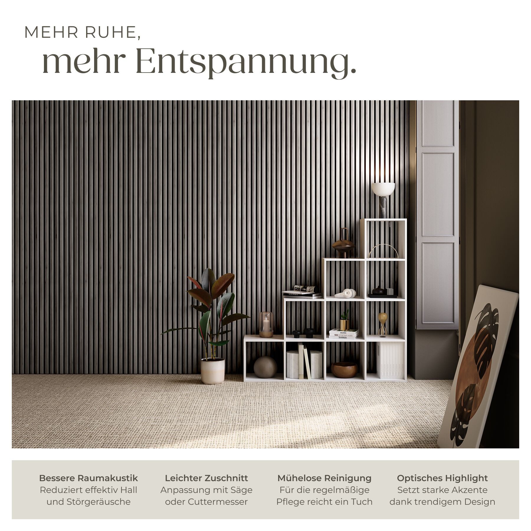 tectake Wandpaneel Akustikpaneele aus MDF und Echtholzfurnier - Eiche hellgrau, BxL: 60x120 cm, 0.72 qm, (Holzpaneele Sonic Wall, 4-tlg., Größe flexibel anpassbar) schallabsorbierender Filz, einfache Montage mit Kleber oder Schrauben