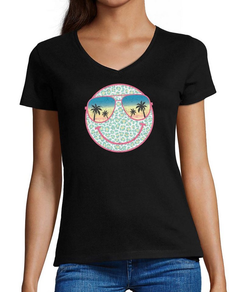 MyDesign24 T-Shirt Damen Smiley Print Shirt - Lächelnder Sommer Smiley  V-Ausschnitt Baumwollshirt mit Aufdruck Slim Fit, i296