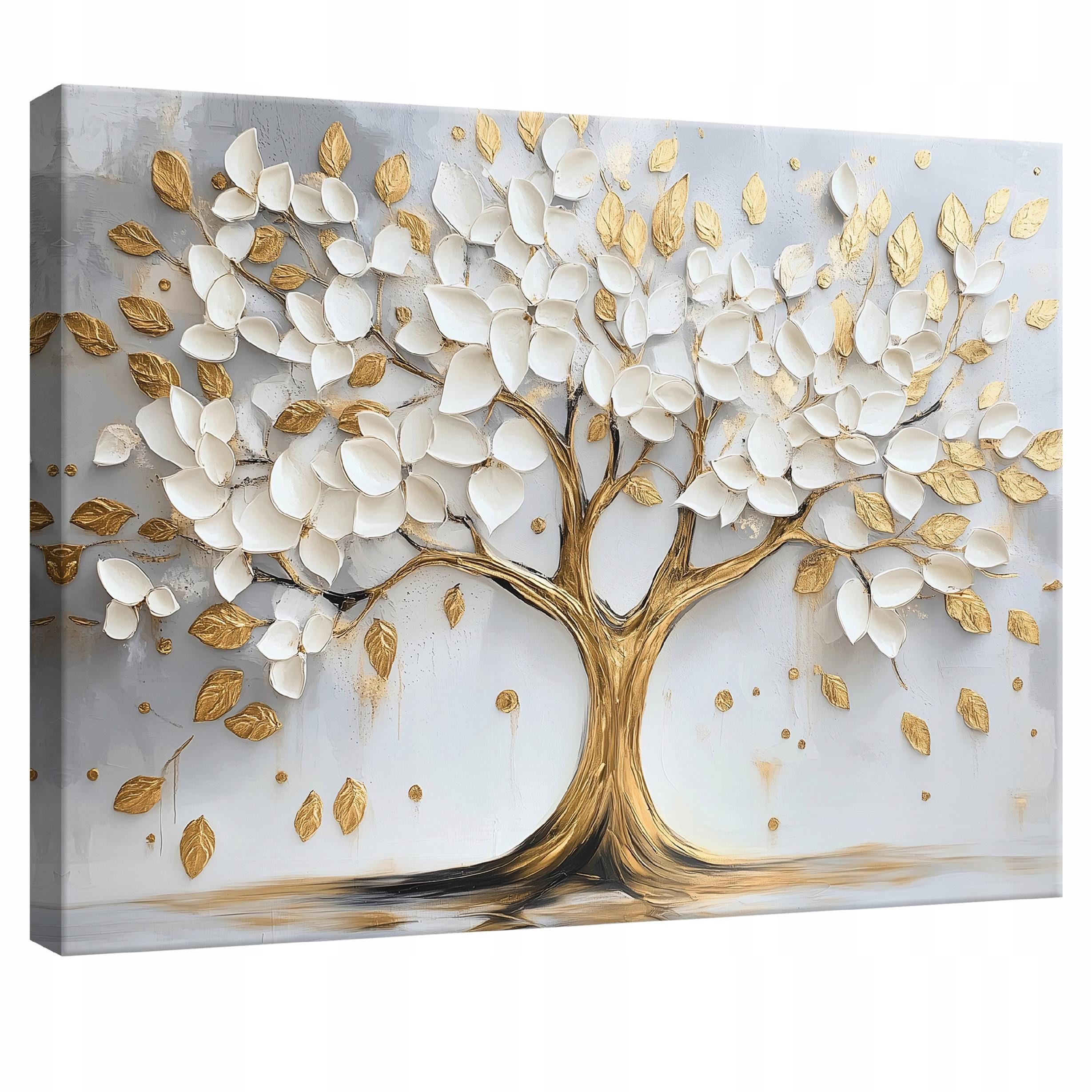 Wallarena Leinwandbild Baum mit Blättern in Weiß und Gold im 3D-Design für Wohnzimmer, Baum (1 St), mit Holzrahmen wandfertig montiert mit Aufhängevorrichtung 40x30cm