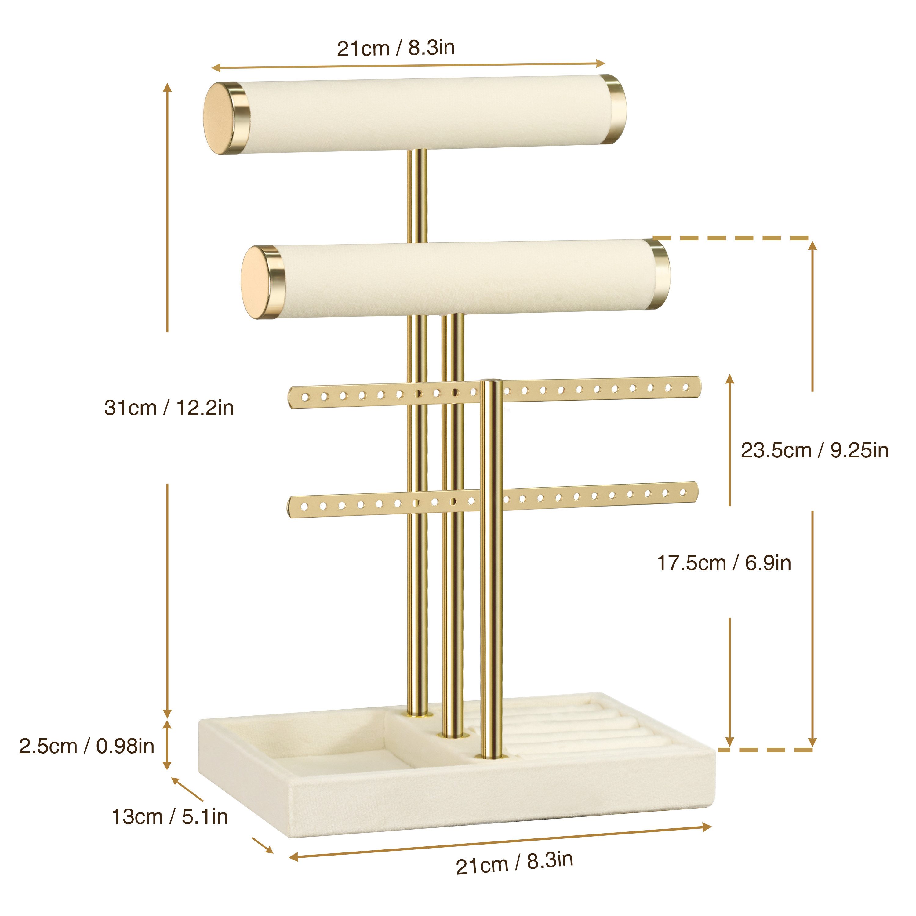 niffgaff Schmuck Etagere Schmuck-Organizer mit 3 Etagen & abnehmbarem T-Steg, Beiger Samt-Ständer für Armbänder, Halsketten, Uhren und Ringe
