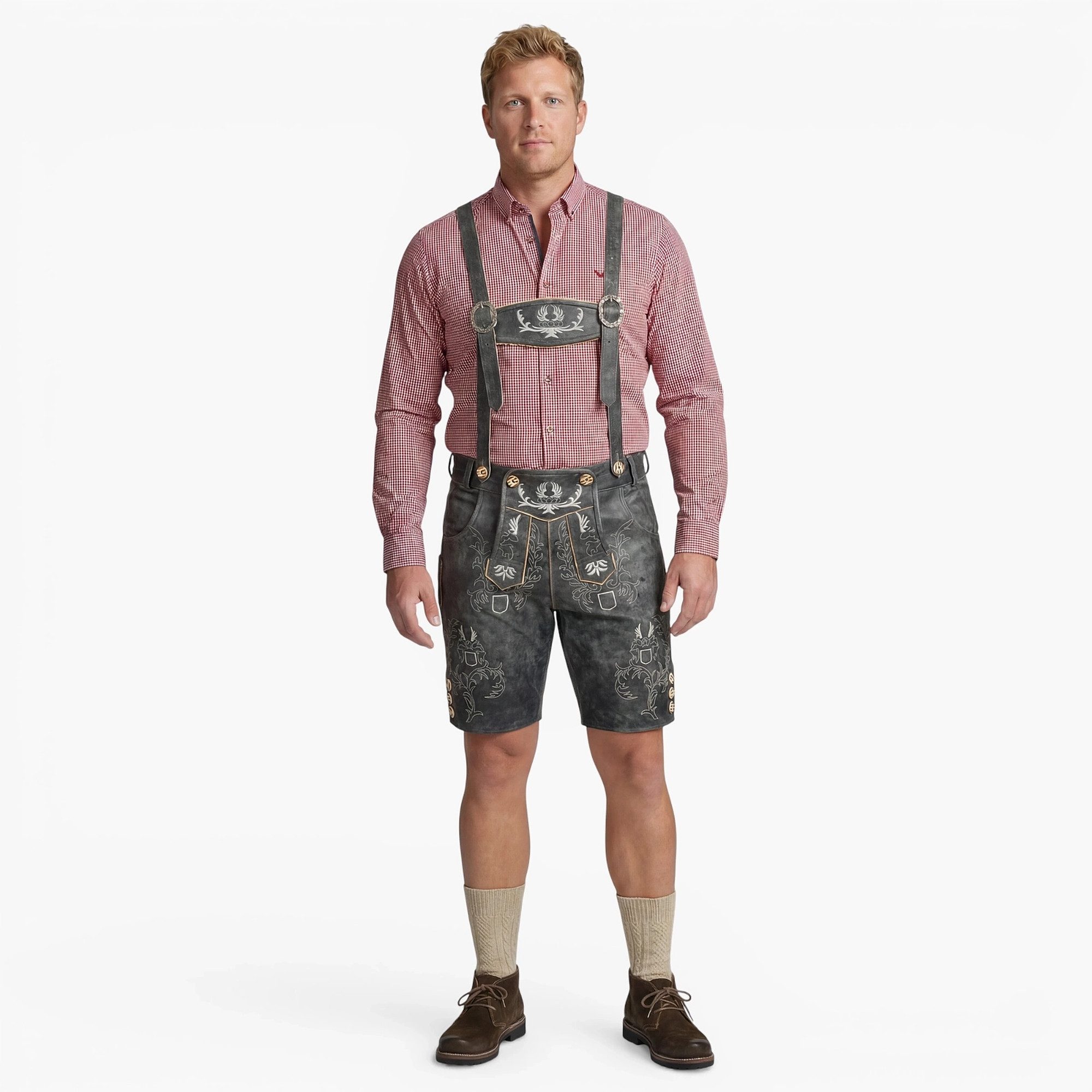 BOHMBERG Trachtenlederhose Herren Lederhose kurz Antikgrau mit Hosenträgern Echtleder – Bild 5 von 5