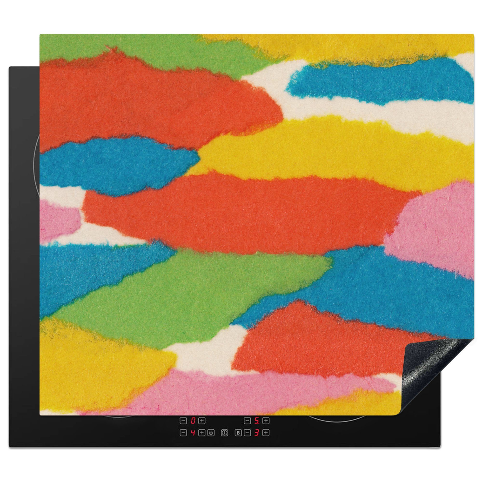 MuchoWow Herdblende-/Abdeckplatte Abstrakt - Formen - Rot - Grün - Retro, Vinyl, (1 tlg), 60x52 cm, Mobile Arbeitsfläche nutzbar, Ceranfeldabdeckung