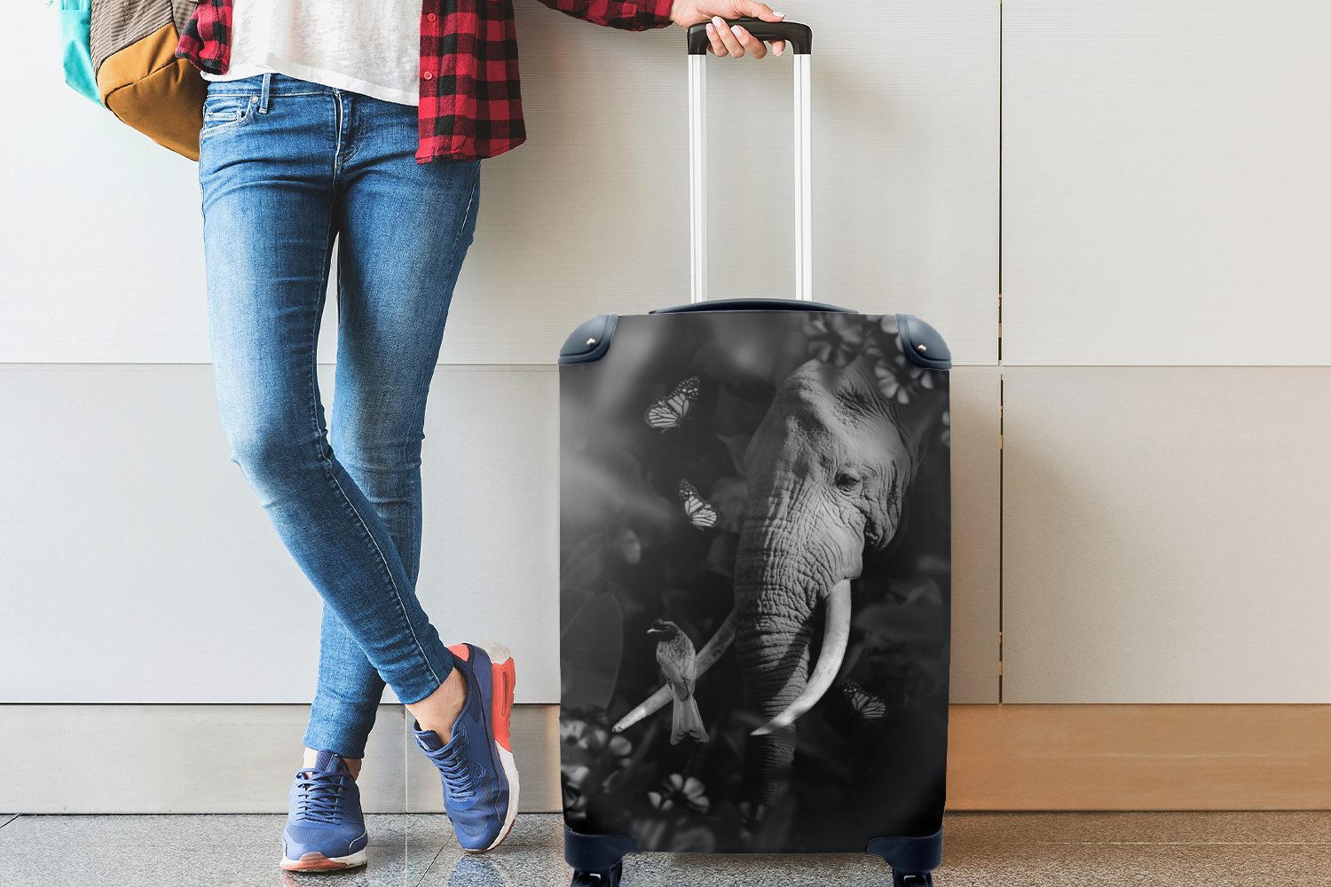 4 Handgepäck Reisetasche Trolley, Vogels mit und schwarz im eines Handgepäckkoffer und, Porträt Dschungel Rollen, Elefanten für Reisekoffer rollen, MuchoWow Ferien, eines -