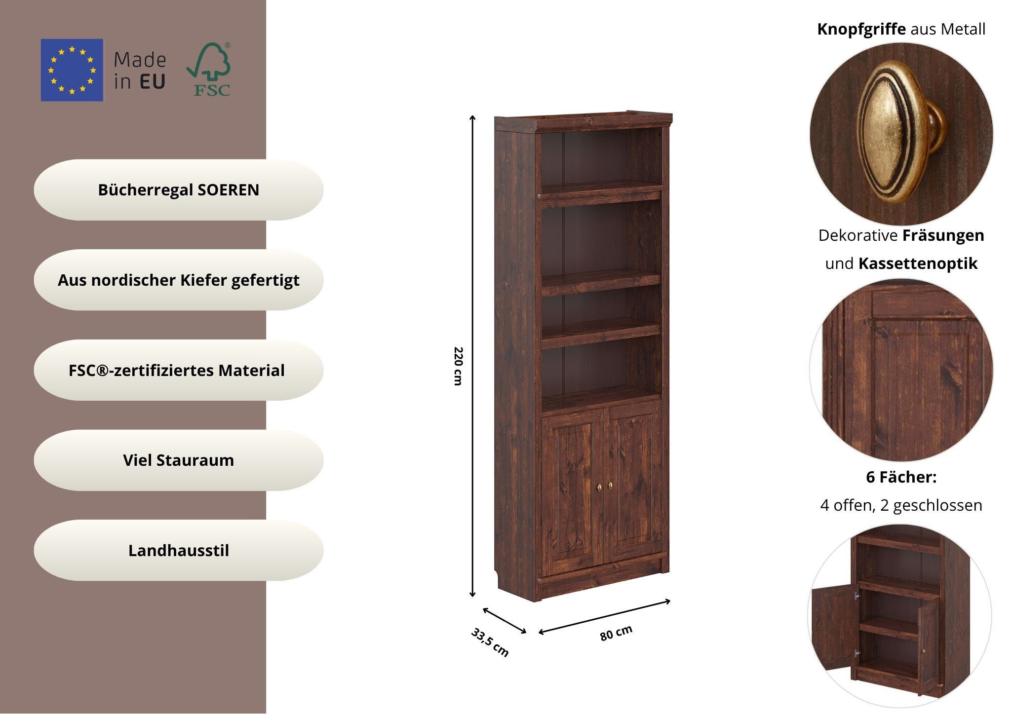 OTTO home Bücherregal Soeren, aus massiver Kiefer, FSC®-zertifiziert, Tiefe 33,5 cm