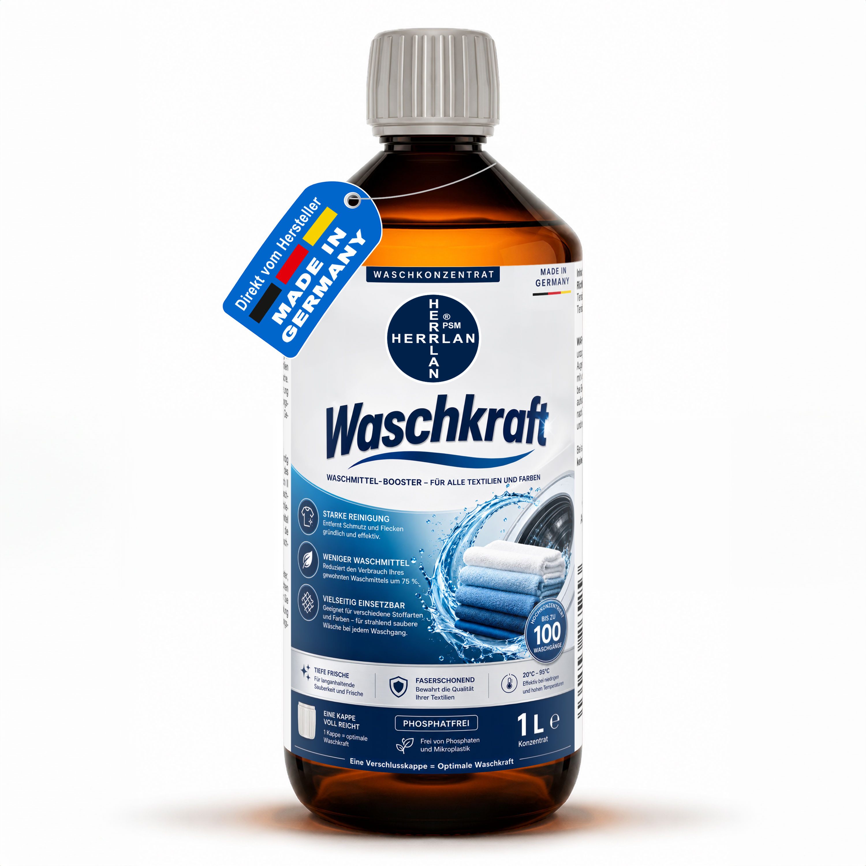 HERRLAN Waschkraft – Waschmittelverstärker Spezialwaschmittel (1000 ml, [- Ohne Duftstoffe Verstärkt die Waschleistung, reduziert den Waschmittelverbrauch)