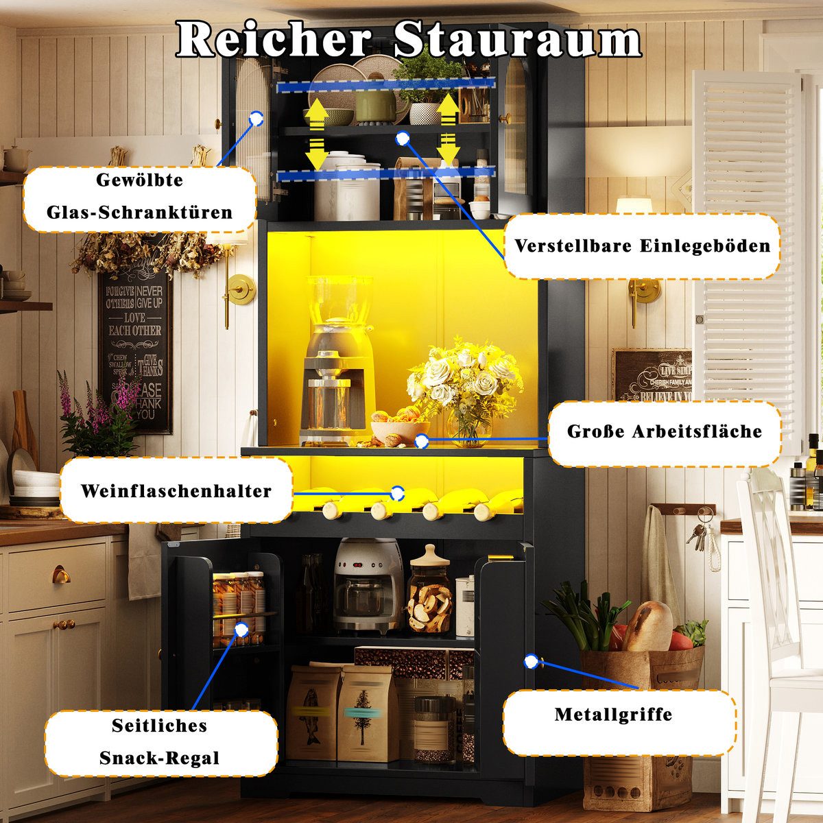 Odikalo Hochschrank Küchenschrank Buffetschrank mit LED und Weinregal (180cm mit App-RGB-LED, gewölbte Glastüren, Anti-Kipp-Vorrichtung, verstellbare Einlegeböden)