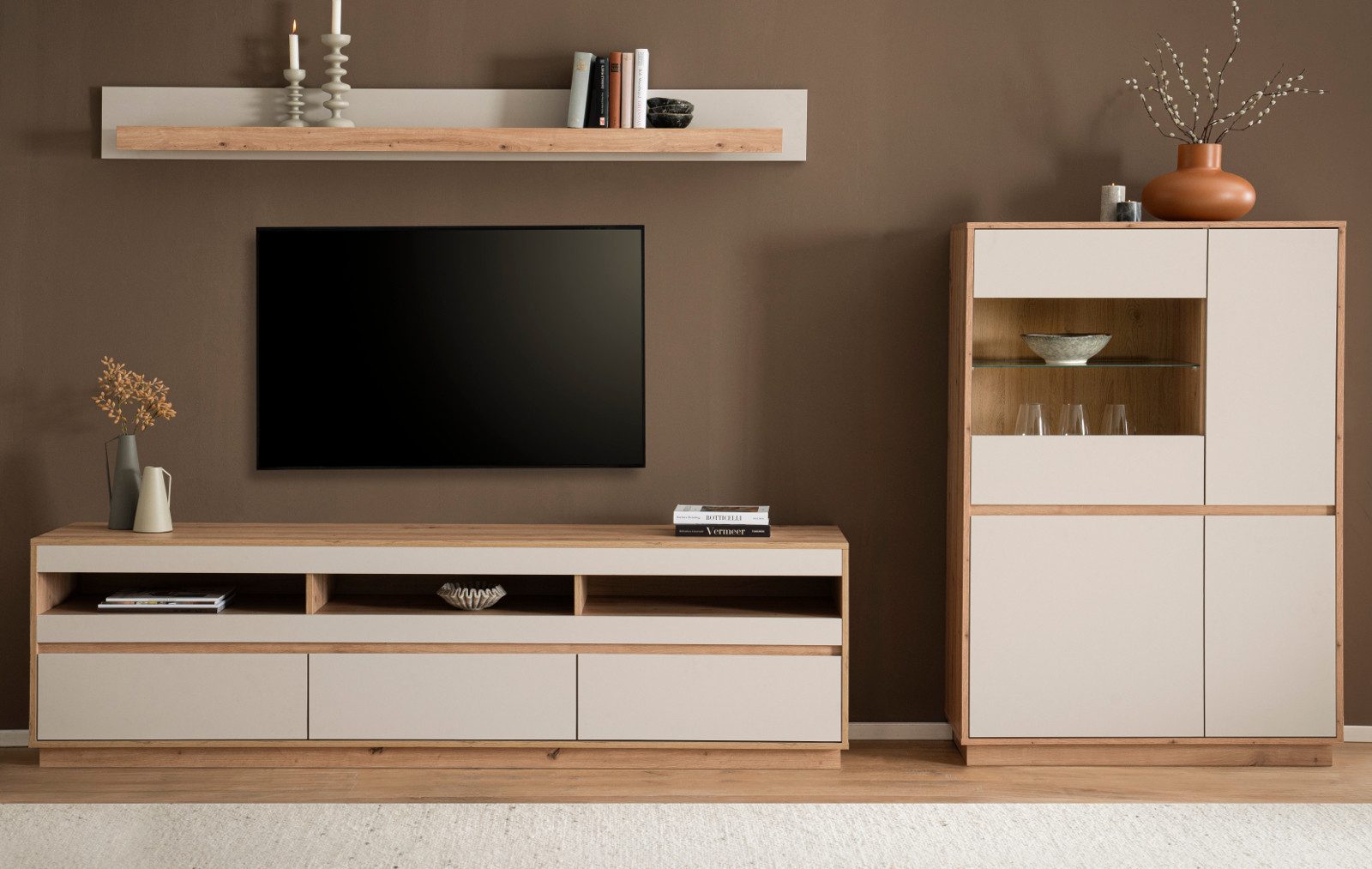 Furn.Design Wohnwand Kiruma, (Wohnkombination in Kaschmir / Sand und Eiche, 3-teilig, Breite 290 cm), mit 200 cm Lowboard, Soft-Close
