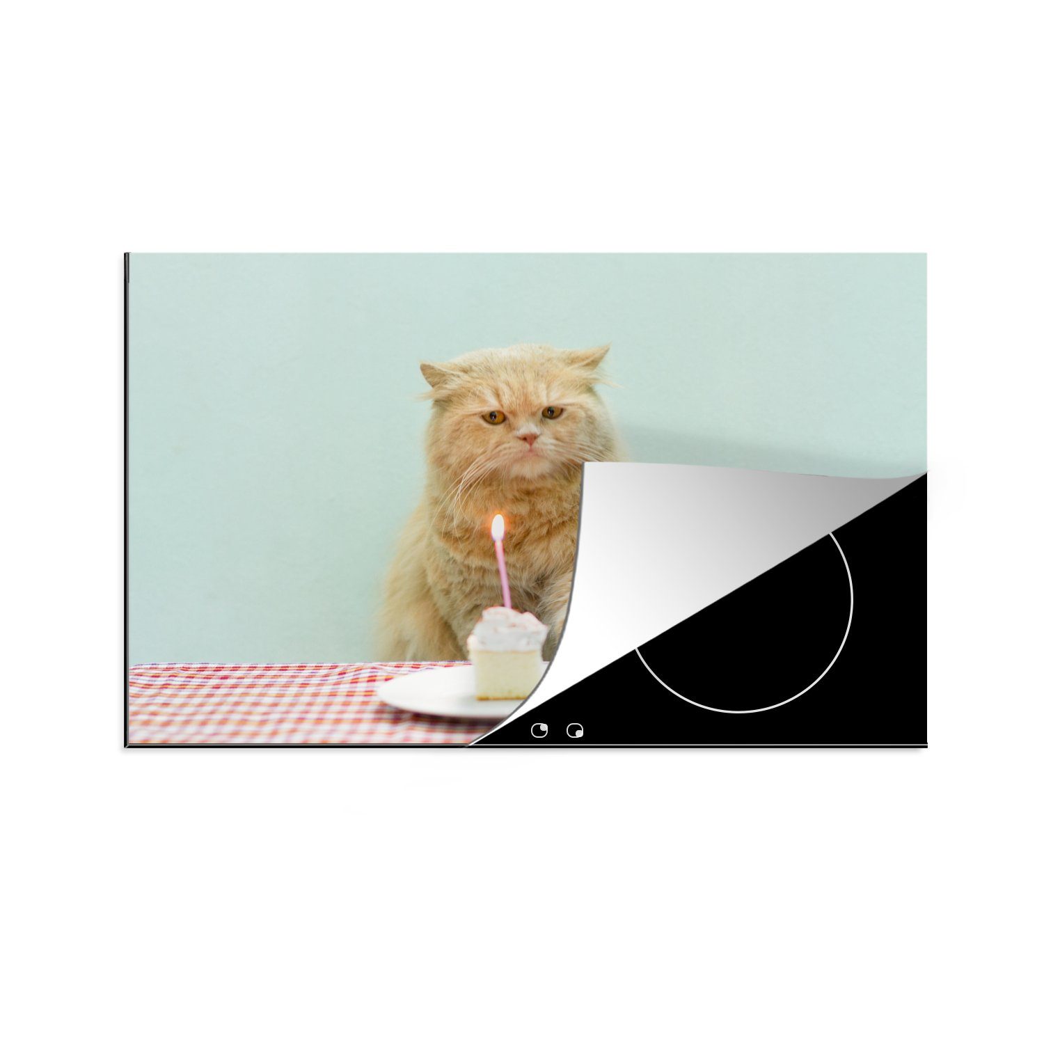 MuchoWow Herdblende-/Abdeckplatte Katze mit Kuchen, Vinyl, (1 tlg), 81x52 cm, Induktionskochfeld Schutz für die küche, Ceranfeldabdeckung