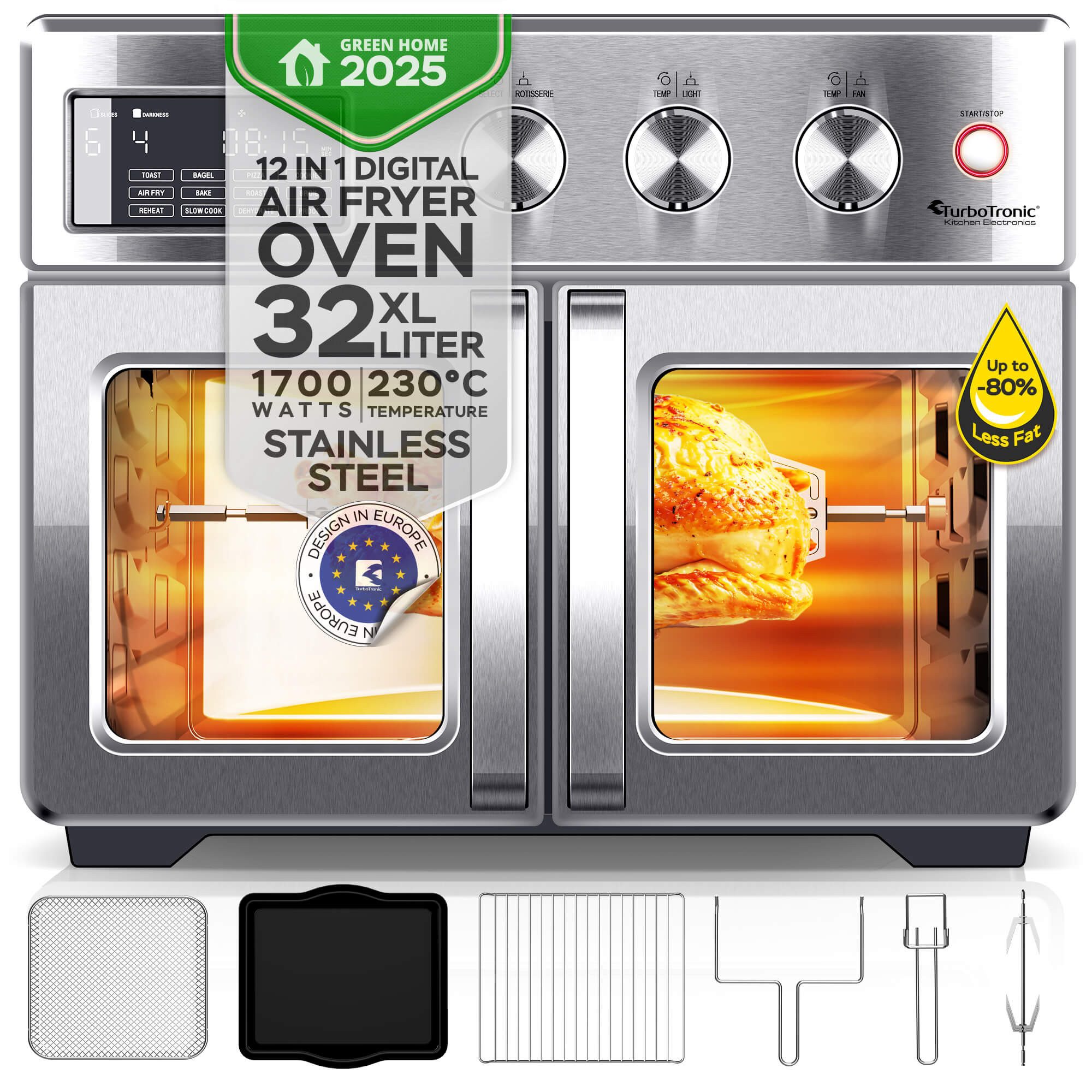 TurboTronic by Z-Line Minibackofen XL 32 L Heißluftofen & Airfryer mit Drehspieß, Grill & Dörrfunktion, ab 25 °C inkl. Greifzange Heißluftofen Heißluftfritteuse Pizza Backen