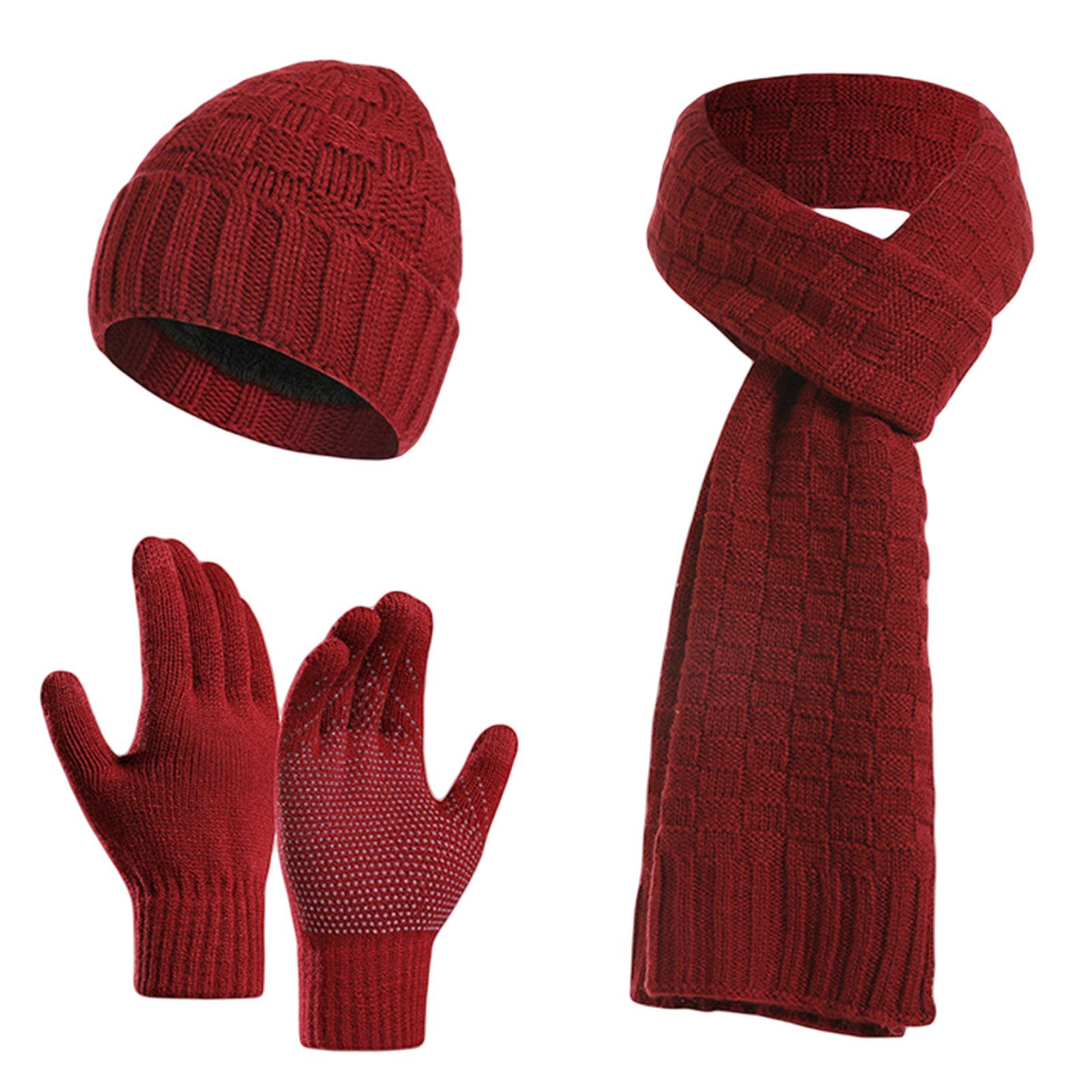 Rutaqian Strickmütze Winter Warm Mütze Schal und Handschuhe Set für Herren und Damen (Dreiteiliges, kältebeständiges, warmes Fleece-Set für den Außenbereich) Weinrot