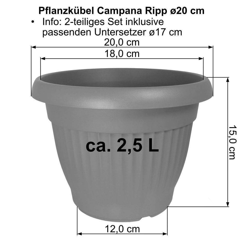 MePla UV-beständigem cm + cm, 2-tlg. Blumentopf Terrakotta, Untersetzer Kunststoff wetterfest Pflanzkübel Set Pflanzkübel aus ø17 Rippe Heimwerkercenter Campana ø20