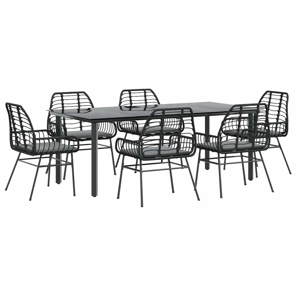 Garten-Essgruppe 7-tlg. Garten-Essgruppe mit Kissen Schwarz Poly Rattan Glas
