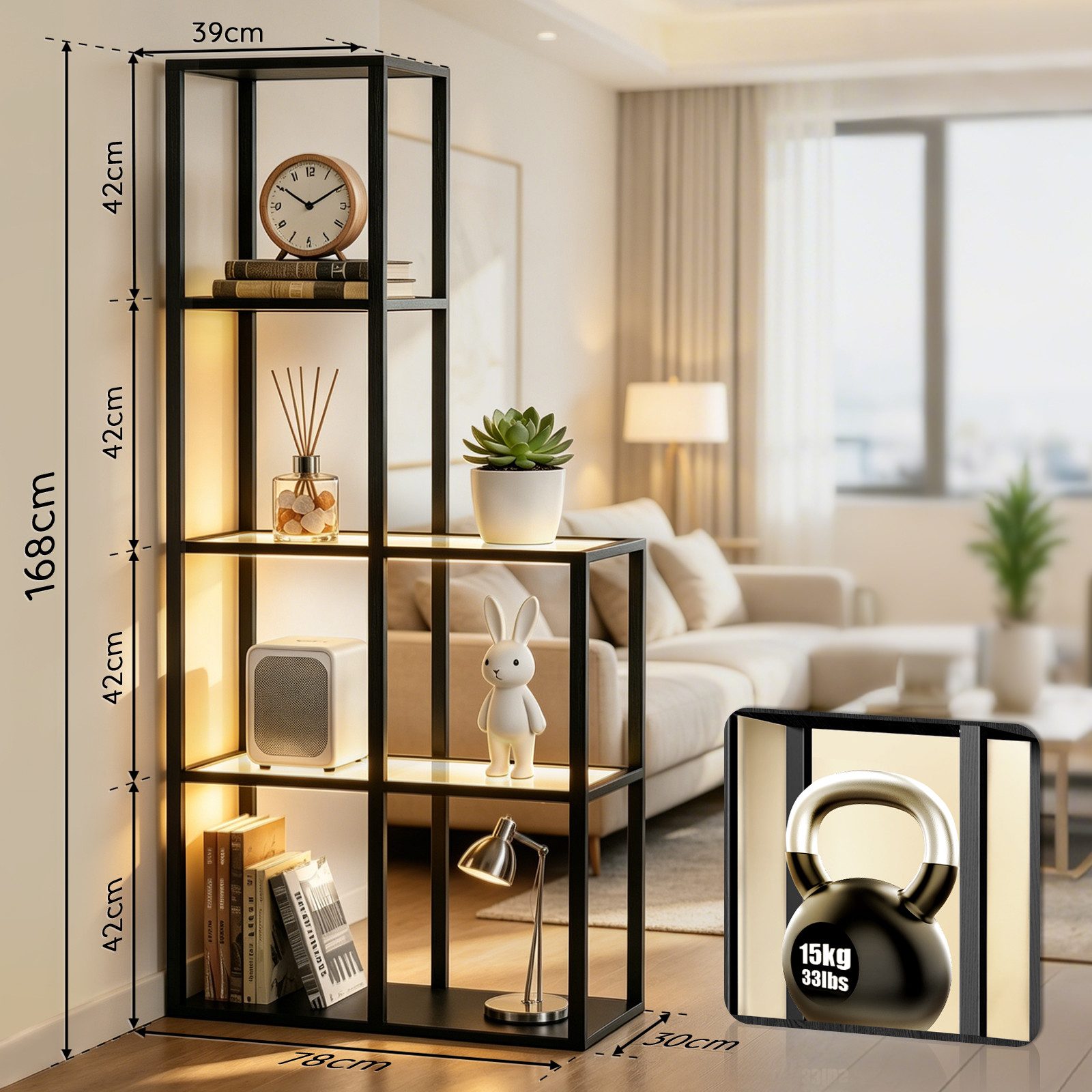 XIIW Eckregal Bücherregal LED Glas Ablagen Regal Holz Stehlampe Eckvitrine Glasregal, 5 Stufige 168x78x30cm Kaltesweiß Warmweiß Dimmbar, für Wohnzimmer, Schlafzimmer, Arbeitszimmer, Büro