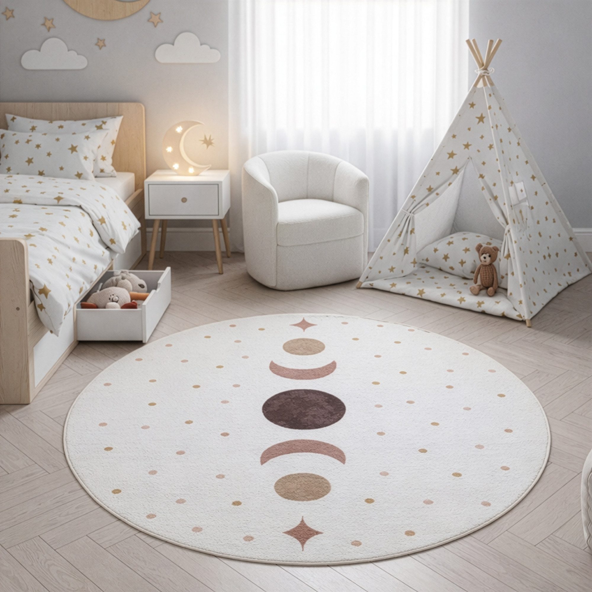 SIMPEX24 Teppich Boho Mondphasen, Rund, Höhe: 8 mm, Teppich Kinderzimmer