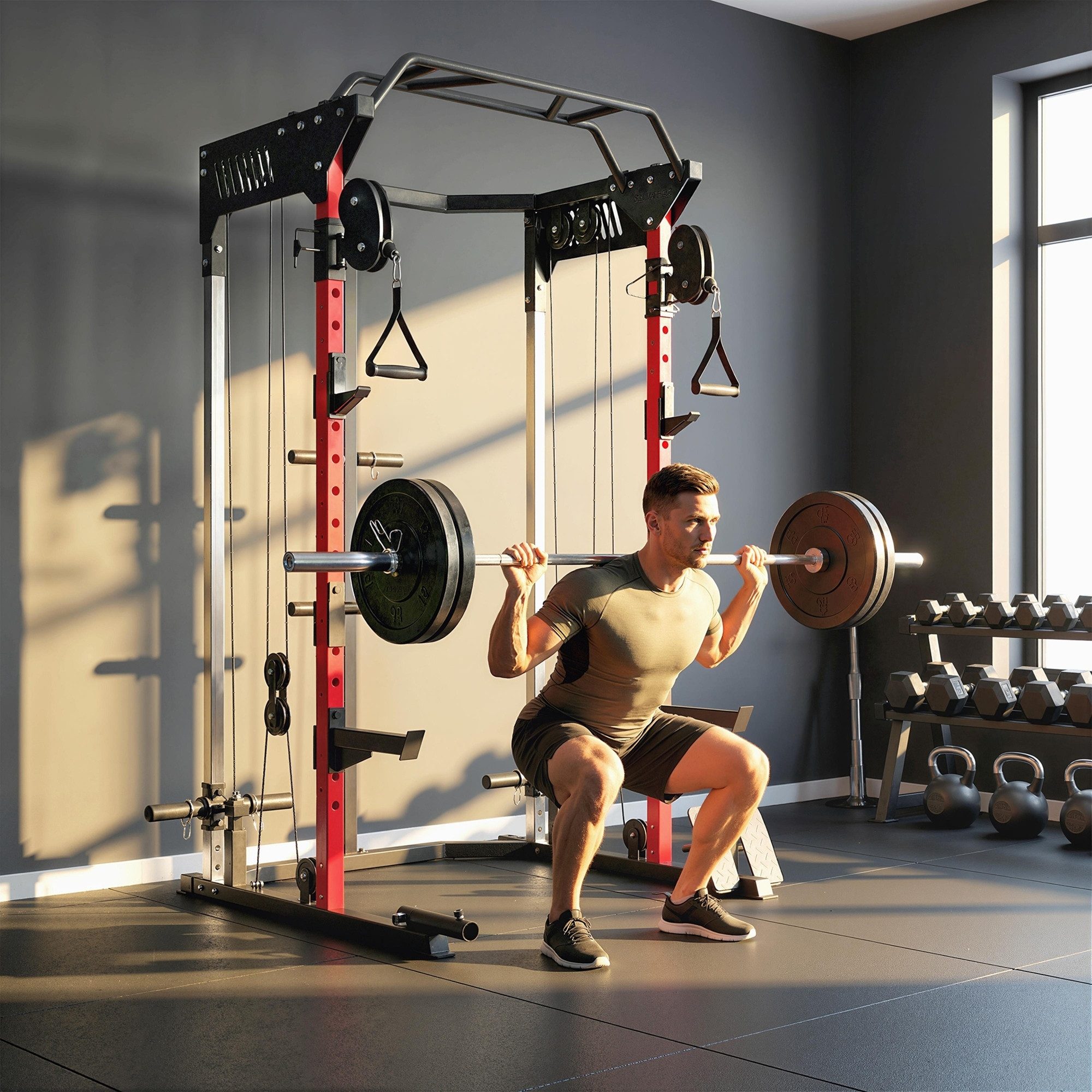 SPORTNOW Kraftstation mit Klimmzugstange und Dip-Station, 0 Gewichtsblöcke (Set, 1-tlg., Power Cage mit Smith & Kabelzug), Power Rack + Kabelzug