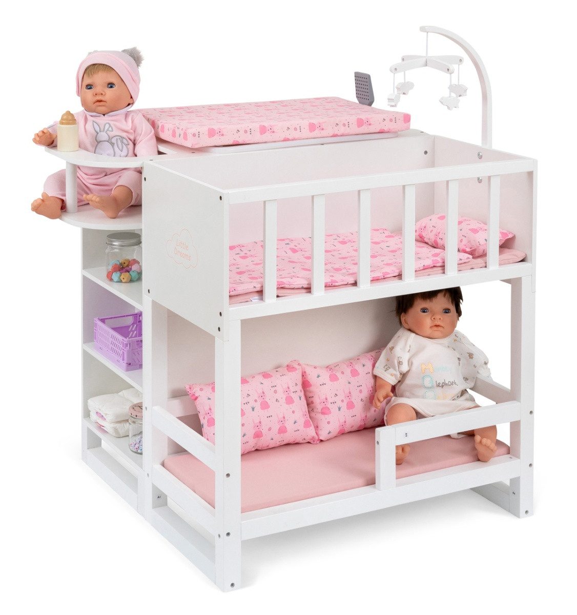 ELLA & PIET® Puppen Pflegecenter Großes Puppenpflegecenter NURSERY 6in1 aus Holz (Weiß-Rosa), Puppencenter