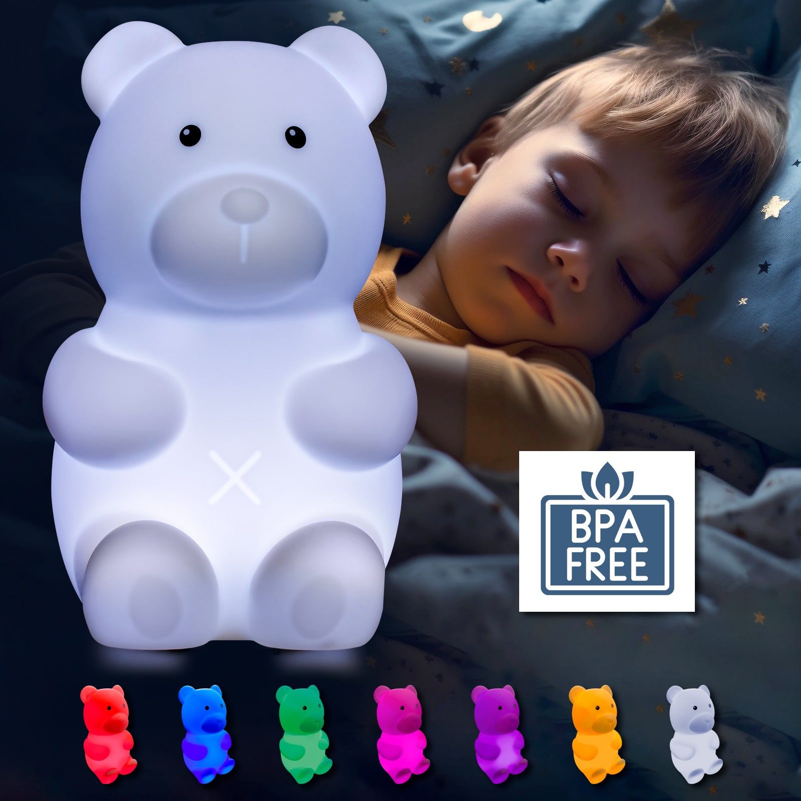 EAXUS LED Nachtlicht Leuchtbär Basti der Bär - Große LED Nachtleuchte Kinder & Baby, 4 LEDs, Rot, Blau, Grün, Pink, Lila, Orange, Weiß, Automatischer Farbwechsel, Beruhigendes Stilllicht, Nachtlampe Kinderzimmer