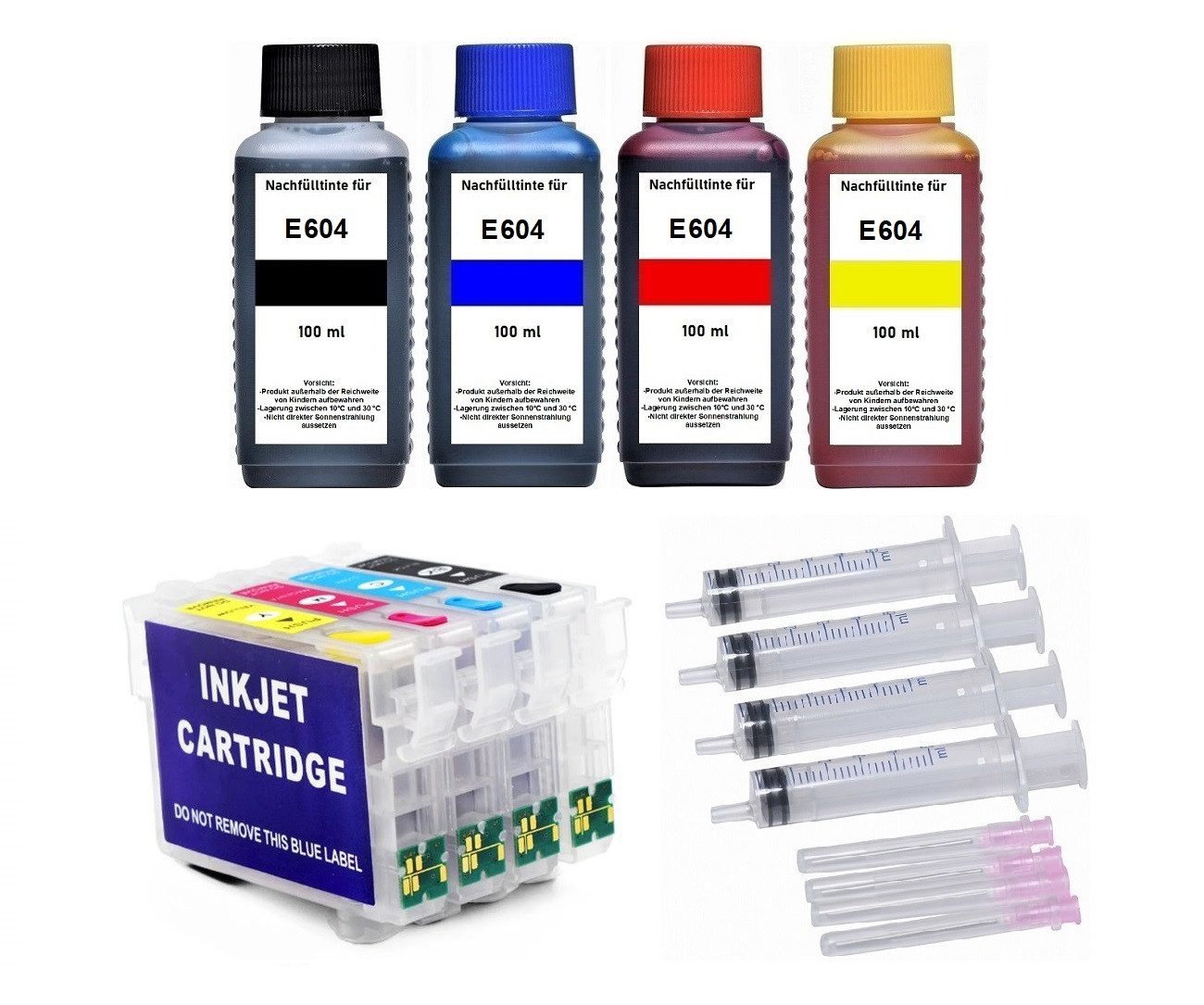 inkpro nachfüllbare Patronen 604 XL mit 4 x 100 ml Druckertinte, Tintenpatrone (für Epson Expression Home XP-2200, XP-2205, XP-3200, XP-3205, XP-4200, XP-4205, WorkForce WF-2910, WF-2930, WF-2935, WF-2950, mit Druckertinte schwarz, cyan, magenta, gelb)