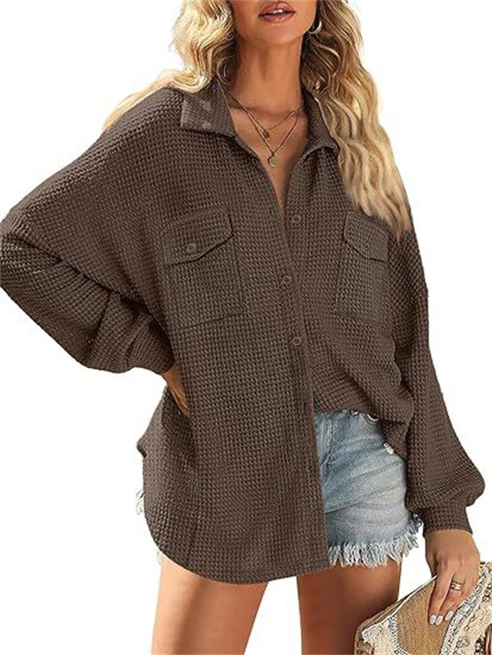 Geknöpftes Shirt gestrickt B.X Strickjacke V-Ausschnitt Damen lässiges Wirkmantel Top übergroßes mit Brusttasche braun Jacke langärmeliges Mantel Waffel