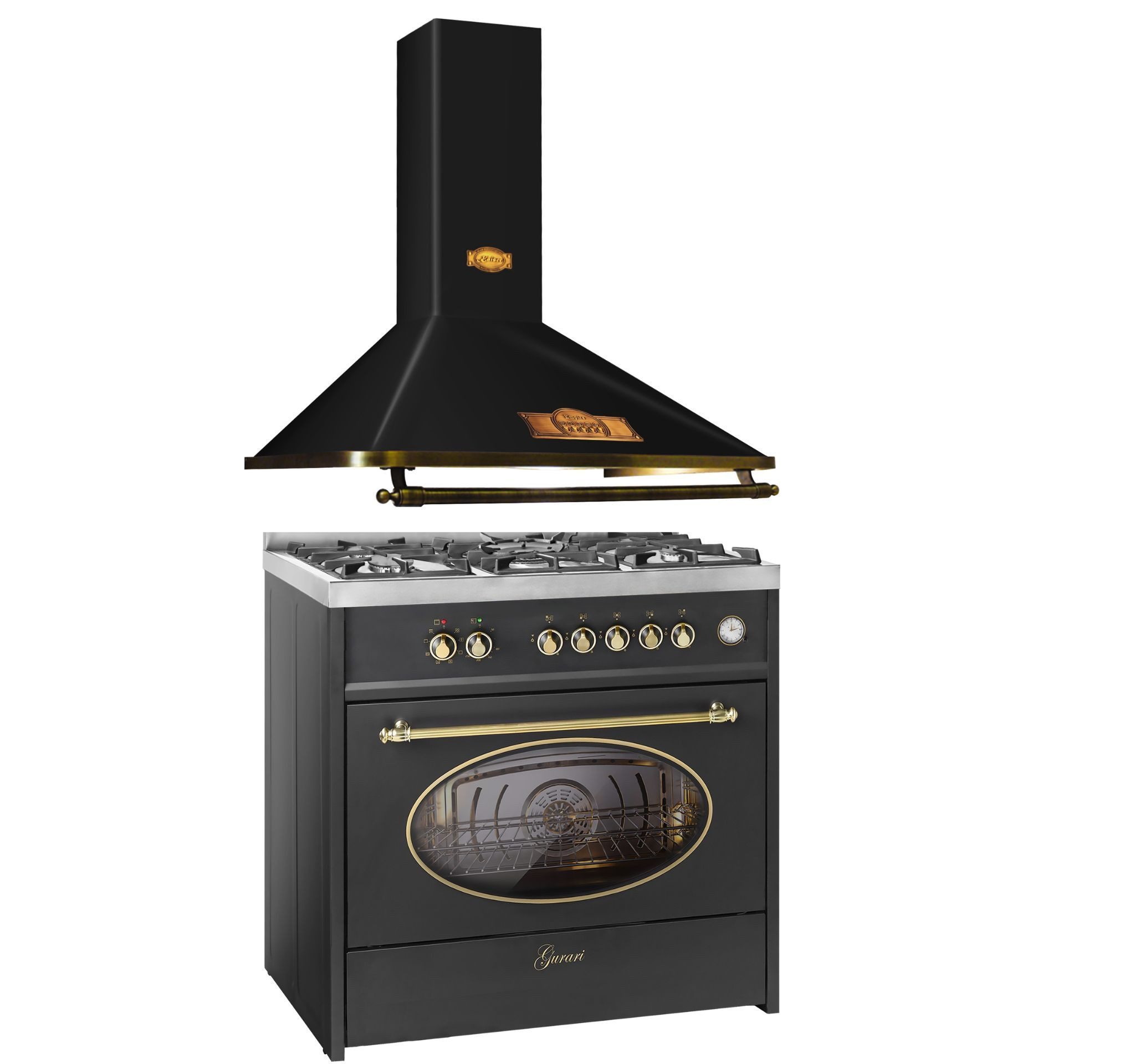 GURARI Gas-Standherd Retro Gas Elektro Standherd 90 cm Range Coocker 121L +Dunstabzugshaube, 90cm, 910 m³/h GCH E 914 BL r+A 9315 Em ECO., mit 1-fach-Teleskopauszug