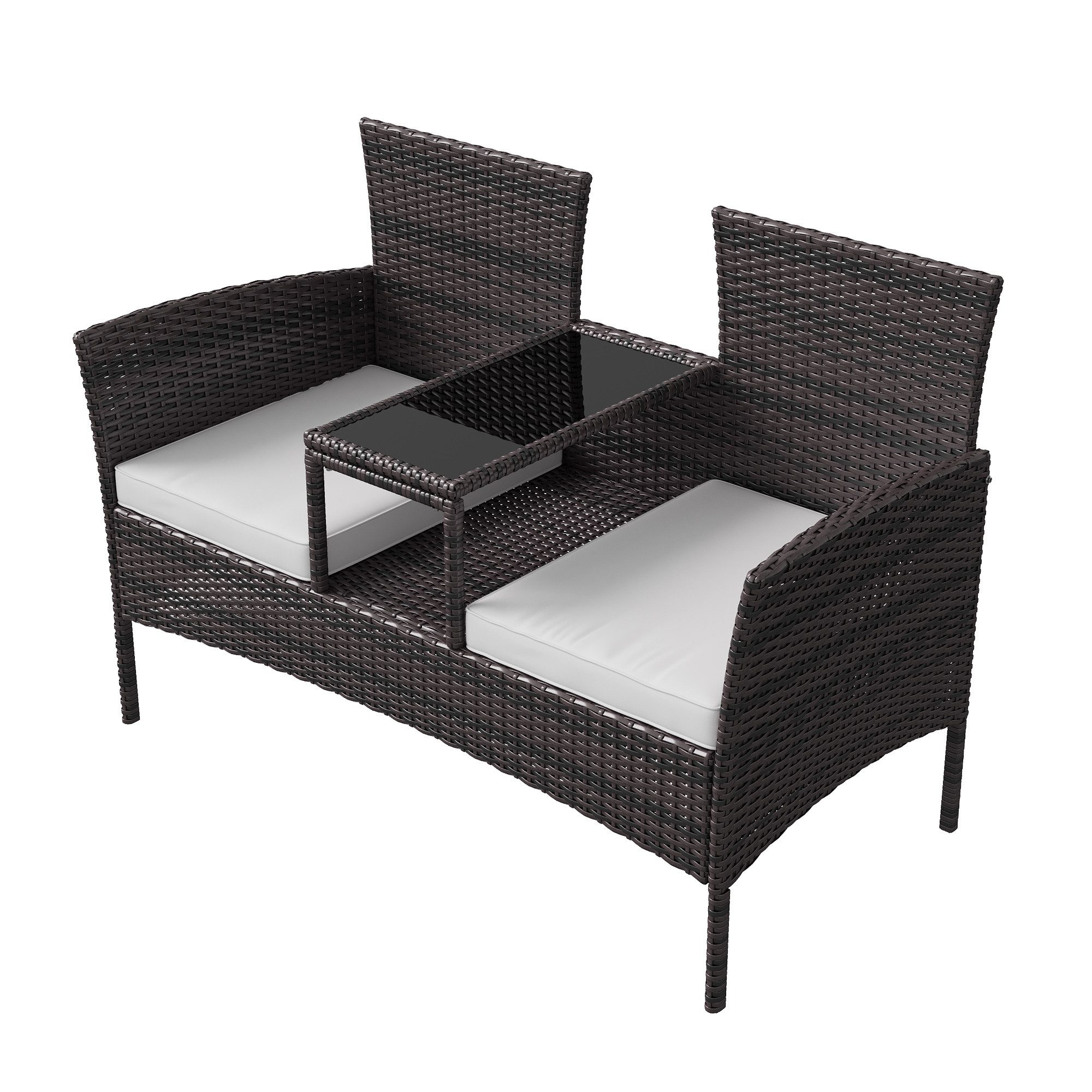 FUROKOY Loungesofa 2-Sitzer Garten sessel mit kleiner Tisch und 2 weiße Auflagen, Polyrattan Gartenmöbel, Wetterfestes Balkonmöbel für kleinen Balkon,Braun