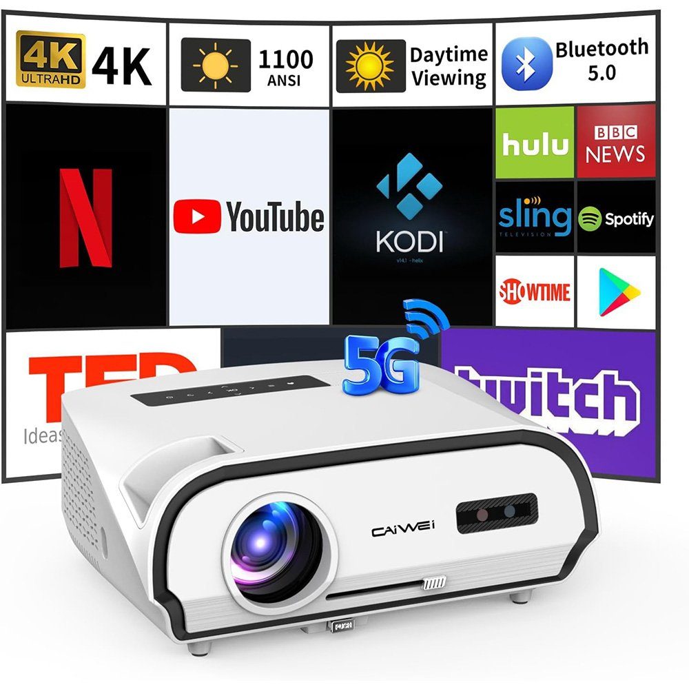 LUFVEBUT Portabler Projektor (16000:1, 3840 x 2160 px, 4K Heimkino Beamer 1100 ANSI Lumen, 5G WLAN HDR10 Android TV Outdoor)