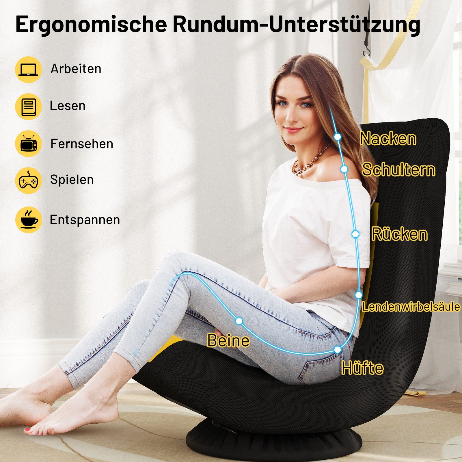 COSTWAY Relaxsessel, Bodenstuhl 360° drehbar, klappbar, verstellbar