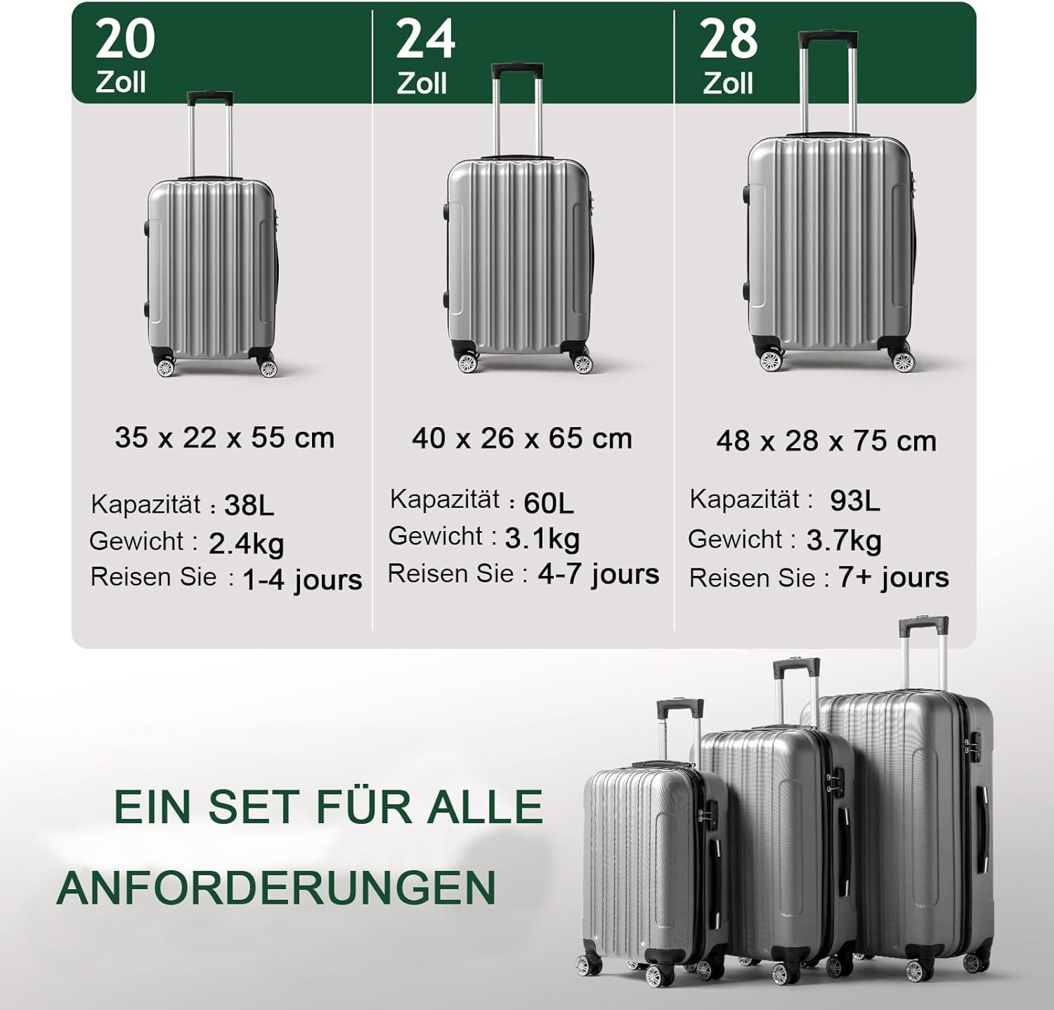 FCH Hartschalen-Trolley, 4 Rollen, Hartschalenkoffer L,Koffer 360° Leichtlauf, Dunkelgrau