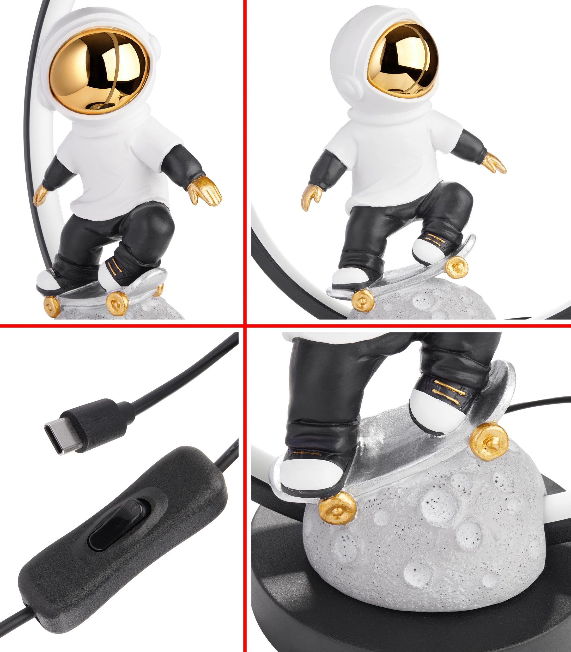Handbemalte Skateboard Weltraum dem Deko-Lampe Astronaut cm Tischleuchte LED indirekter Moderne LED USB-C und Stecker, mit auf fest Skateboarder Nachttischlampe Mond - - LED-Ring, Tischlampe integriert, 33 mit Beleuchtung BRUBAKER