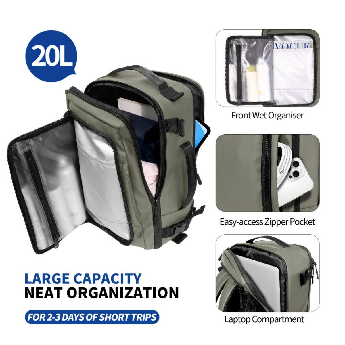 TECH PROTECT Reiserucksack S50, Handgepäckrucksack mit Laptopfach und Trolley-Gurt