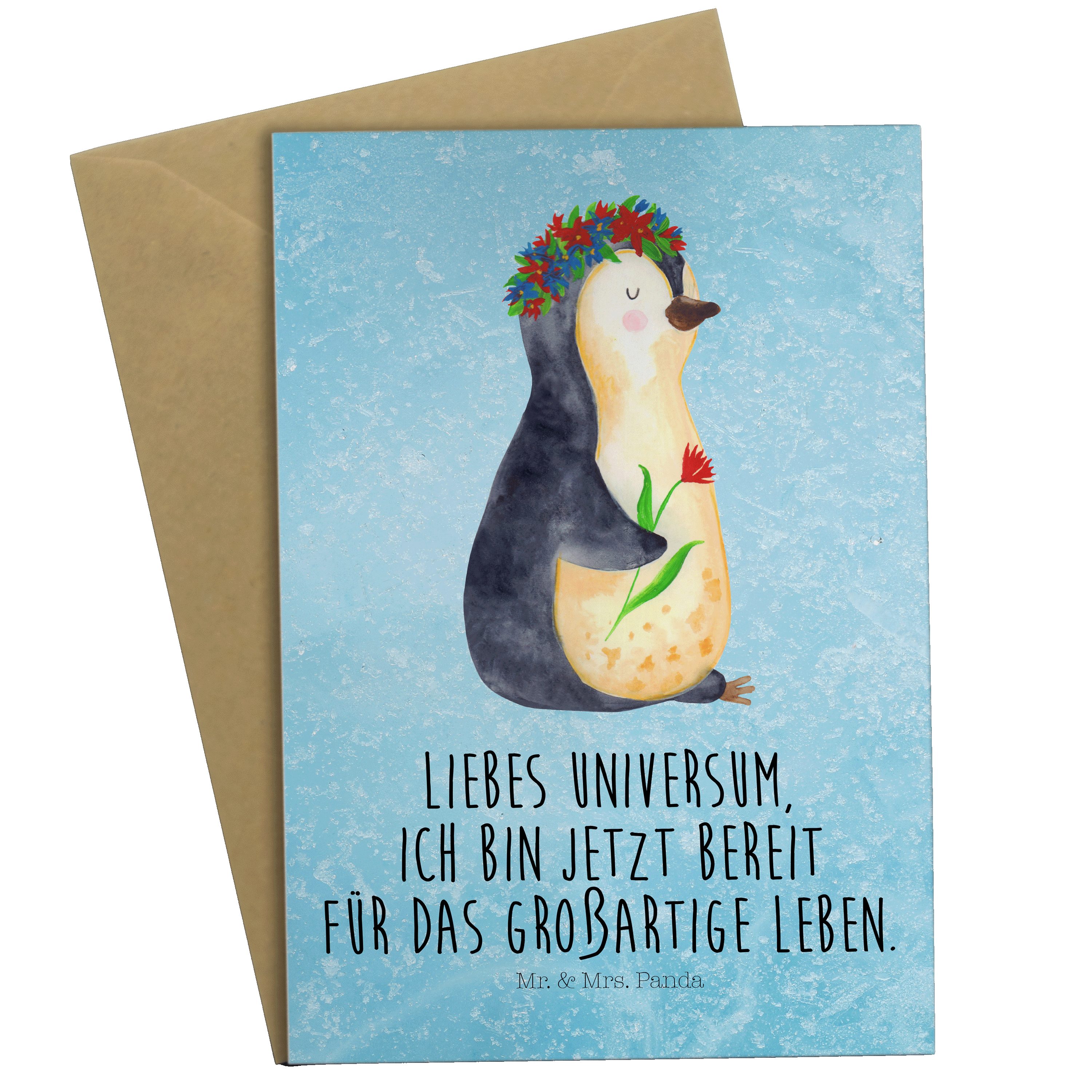Mr. & Mrs. Panda Grußkarte Pinguin Blumenkranz - Eisblau - Geschenk, Lebenslust, Glückwunschkart